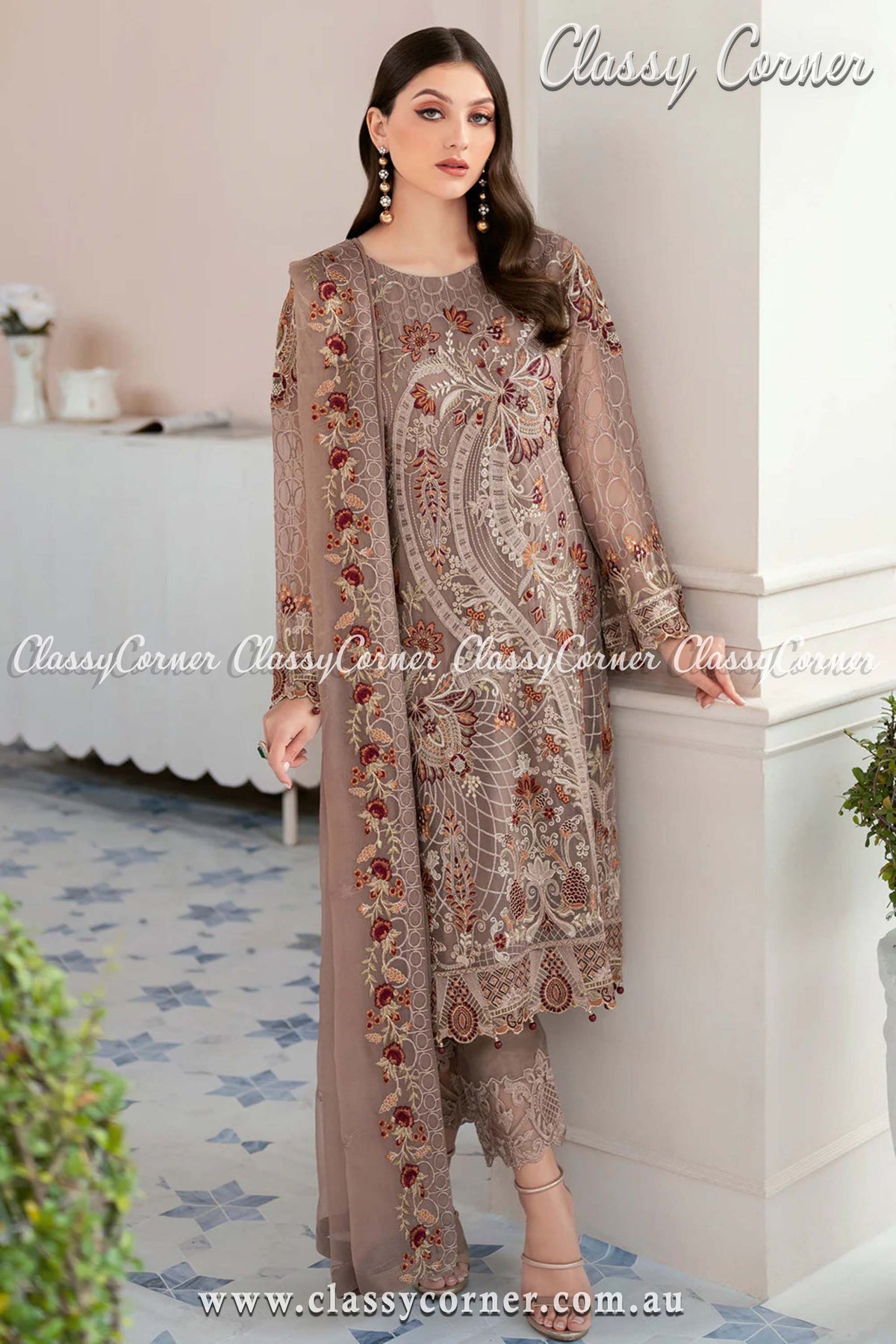 Pakistani Style Ash Beige Chiffon Outfit - Classy Corner