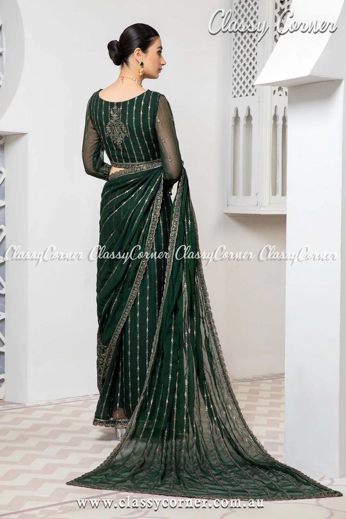 Pakistani Bottle Green Chiffon Outfit - Classy Corner