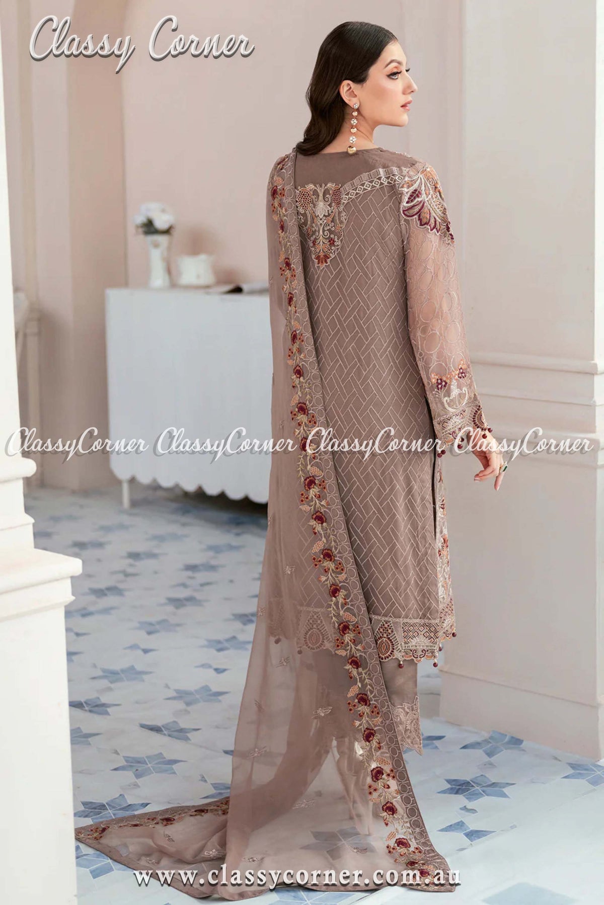 Pakistani Style Ash Beige Chiffon Outfit - Classy Corner