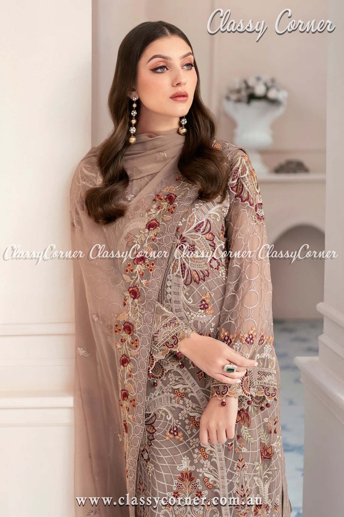 Pakistani Style Ash Beige Chiffon Outfit - Classy Corner