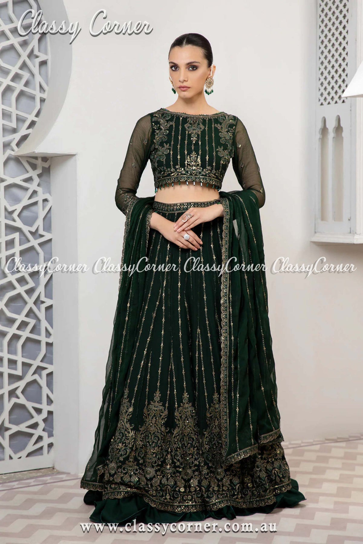 Pakistani Bottle Green Chiffon Outfit - Classy Corner