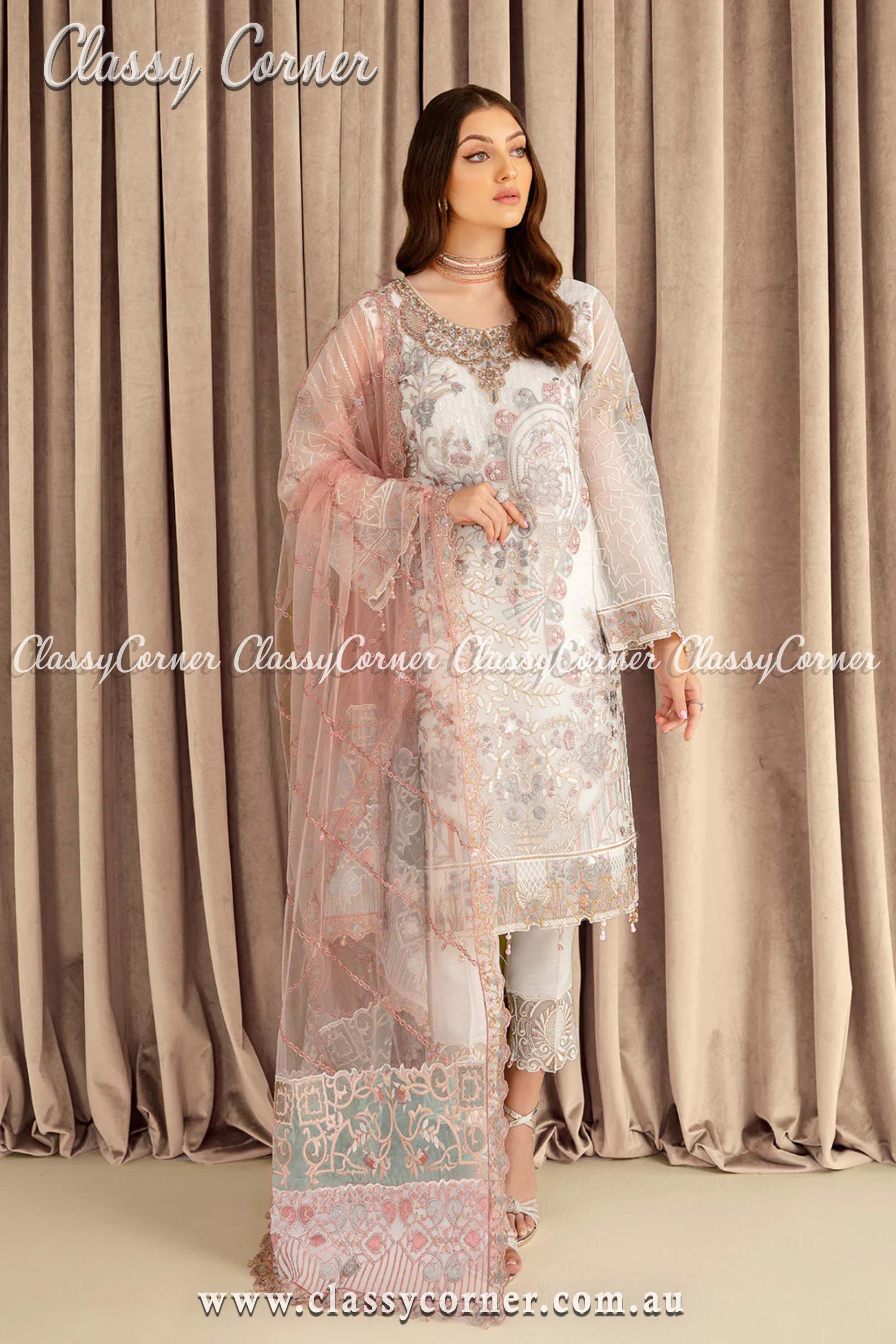 Pakistani White & Pink Oraganza Embroidered Suit - Classy Corner