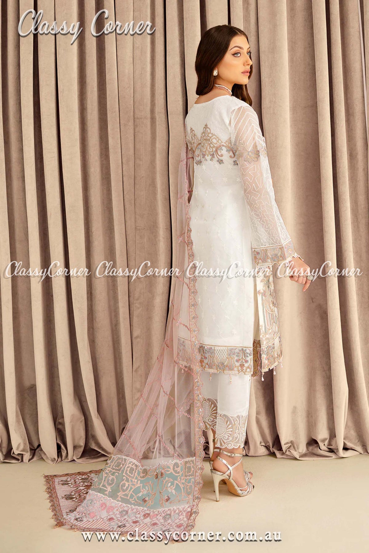 Pakistani White &amp; Pink Oraganza Embroidered Suit - Classy Corner