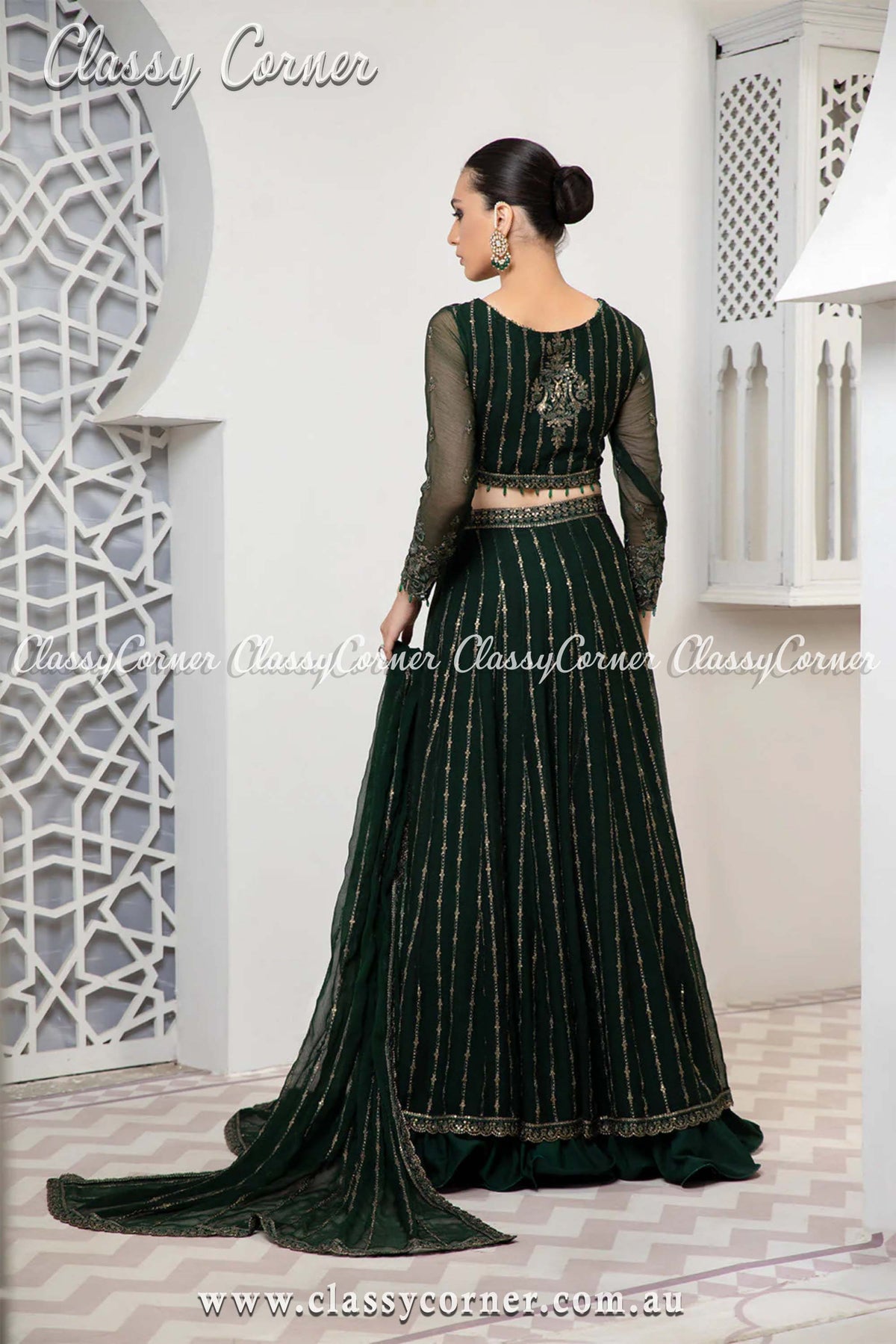 Pakistani Bottle Green Chiffon Outfit - Classy Corner