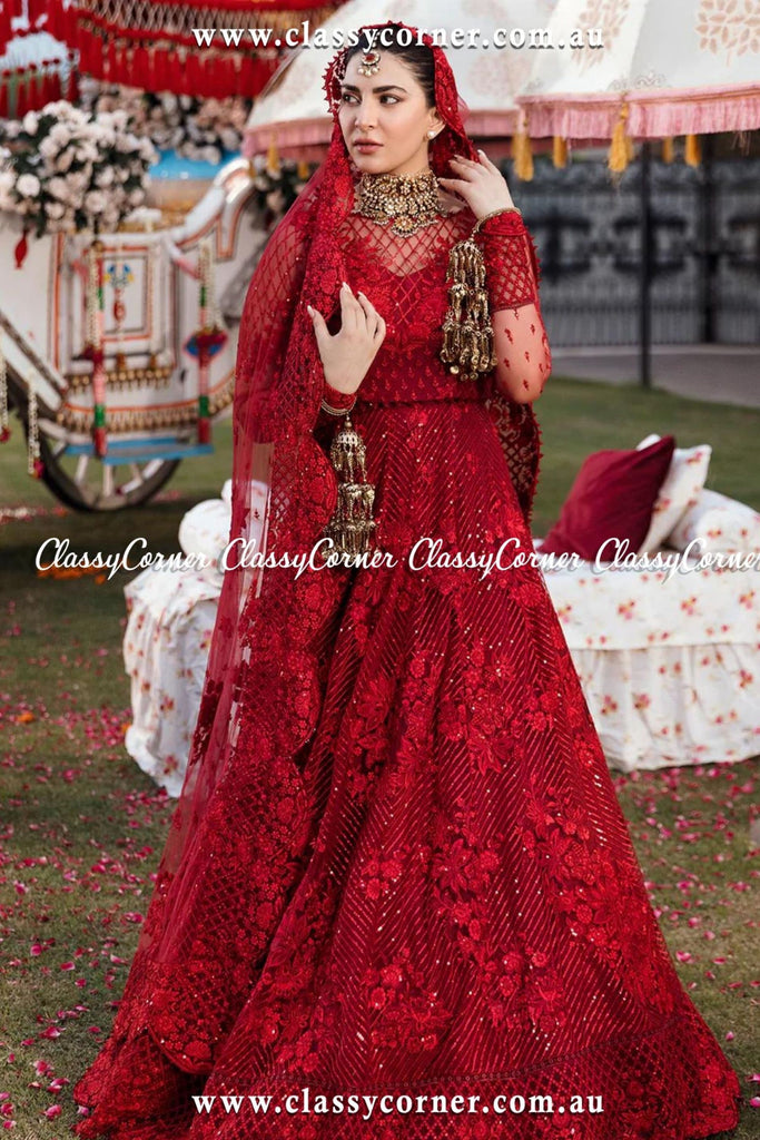 Pakistani Bridal Wear Red Blouse Fit n Flare Lehenga