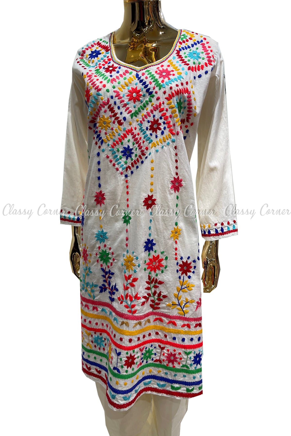 White Red Hand Embroidered Cotton Salwar Kameez Set - Classy Corner