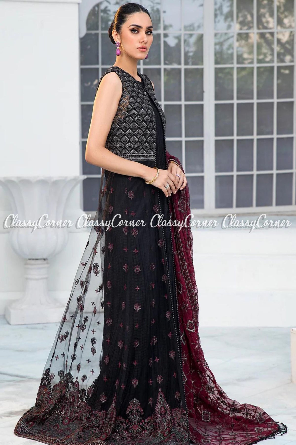 Fancy Black Red Net Embroidered Party Gown - Classy Corner