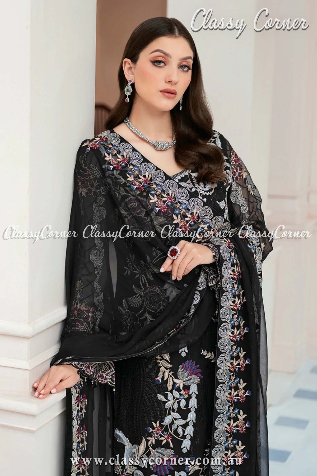 Exclusive Black Floral Embroidered Dress - Classy Corner