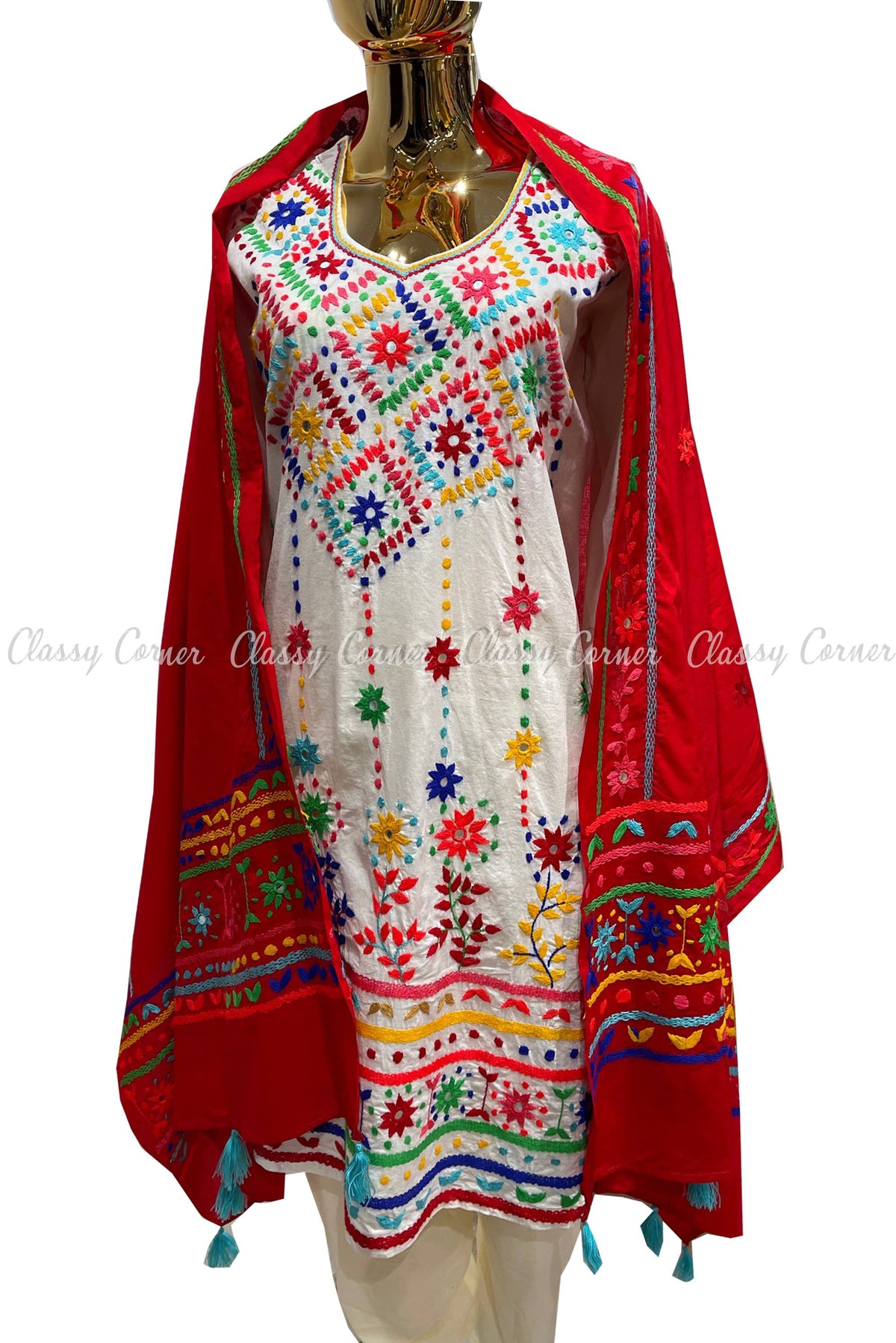 White Red Hand Embroidered Cotton Salwar Kameez Set - Classy Corner