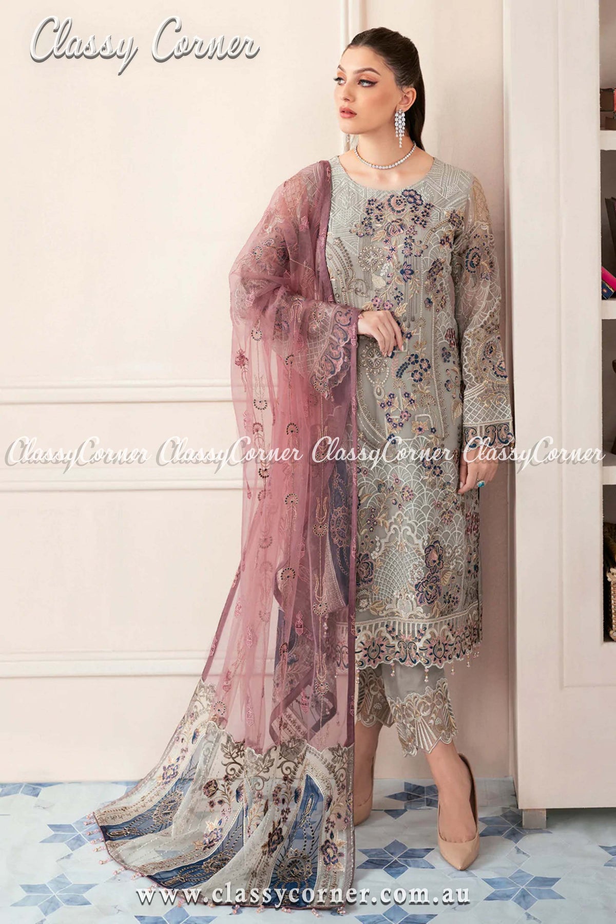 Pakistani Grey Embroidered Chiffon Outfit - Classy Corner