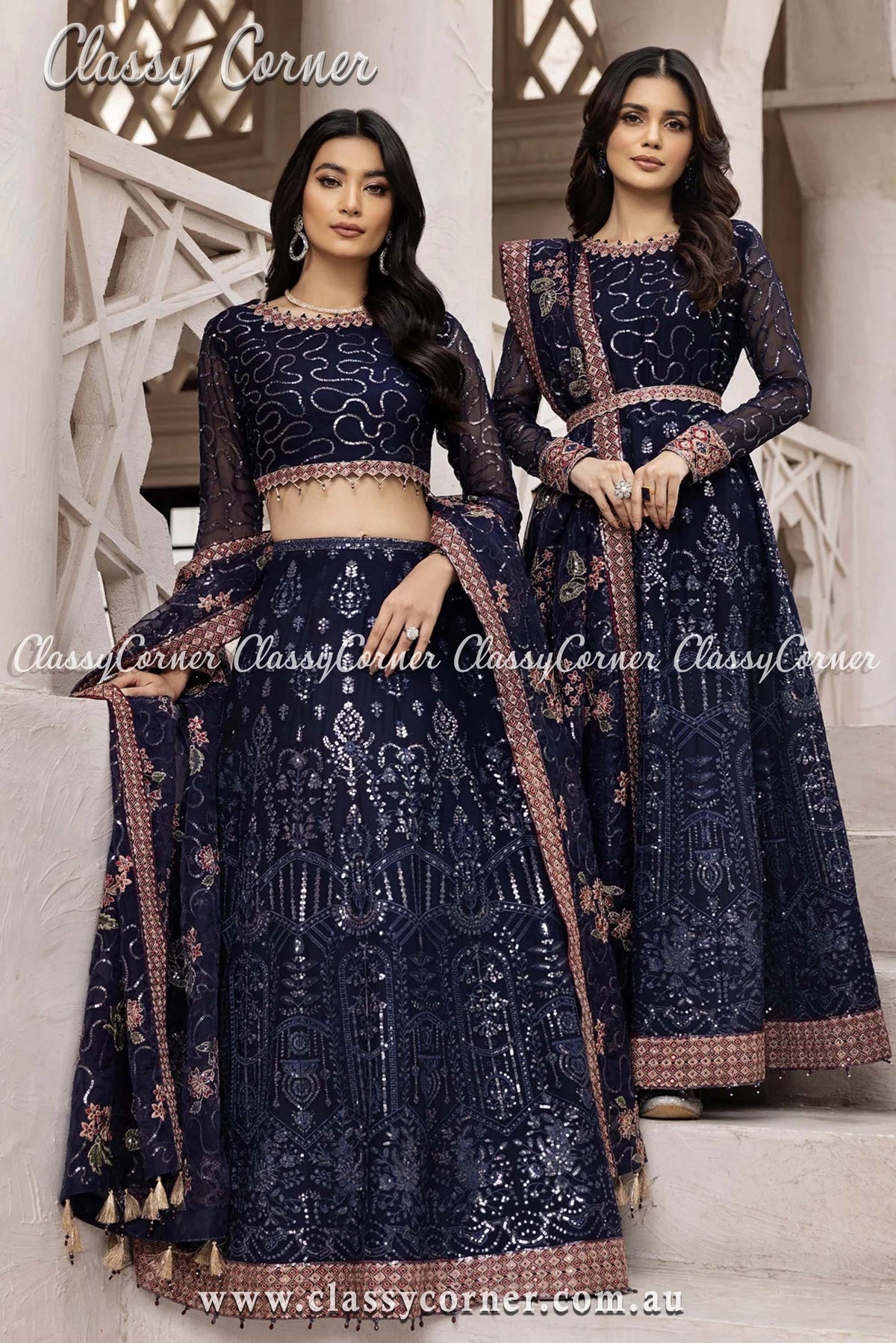 Elegant Navy Blue Chiffon Pakistani Outfit - Classy Corner