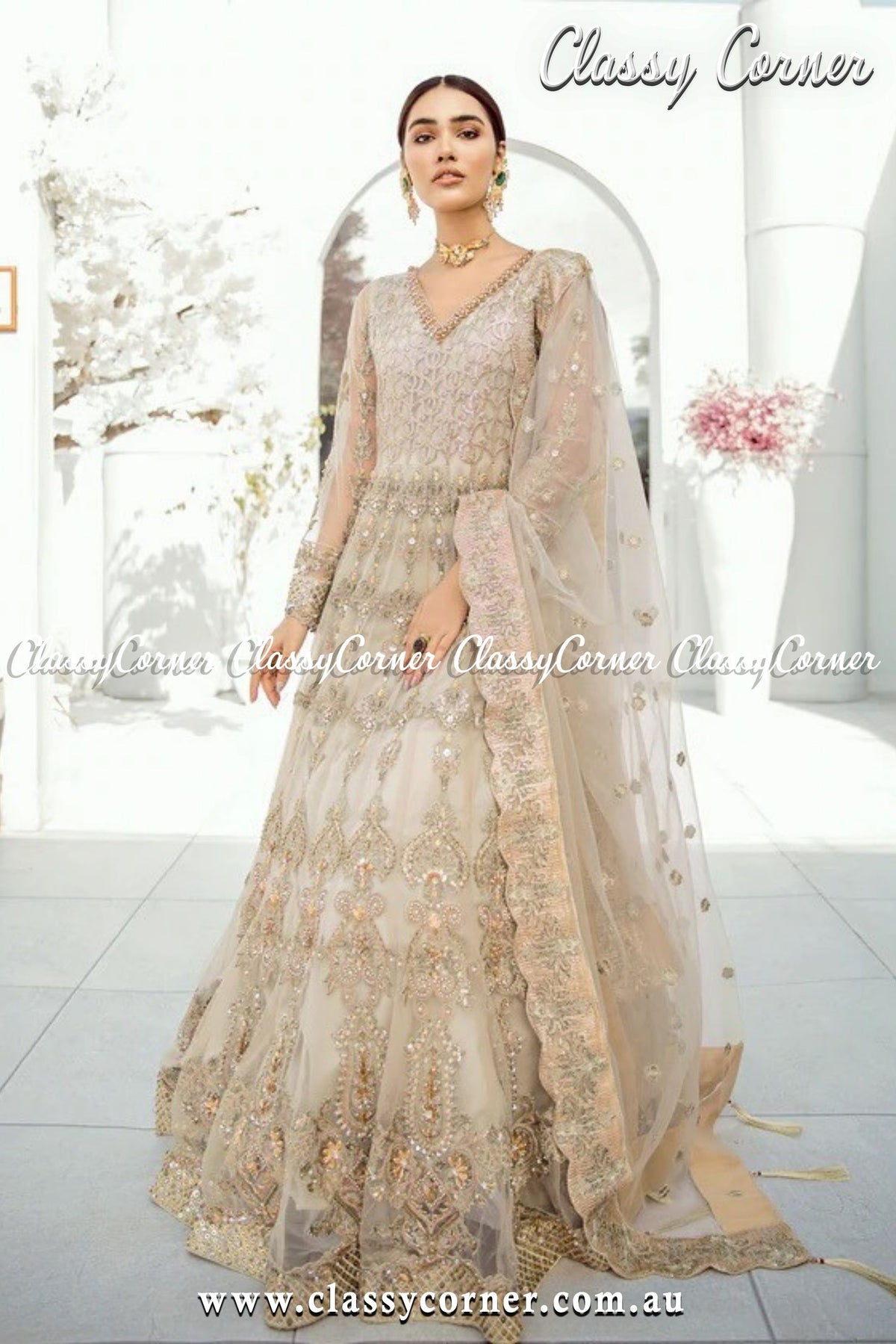 Beige Cream Pakistani Formal Party Gown - Classy Corner