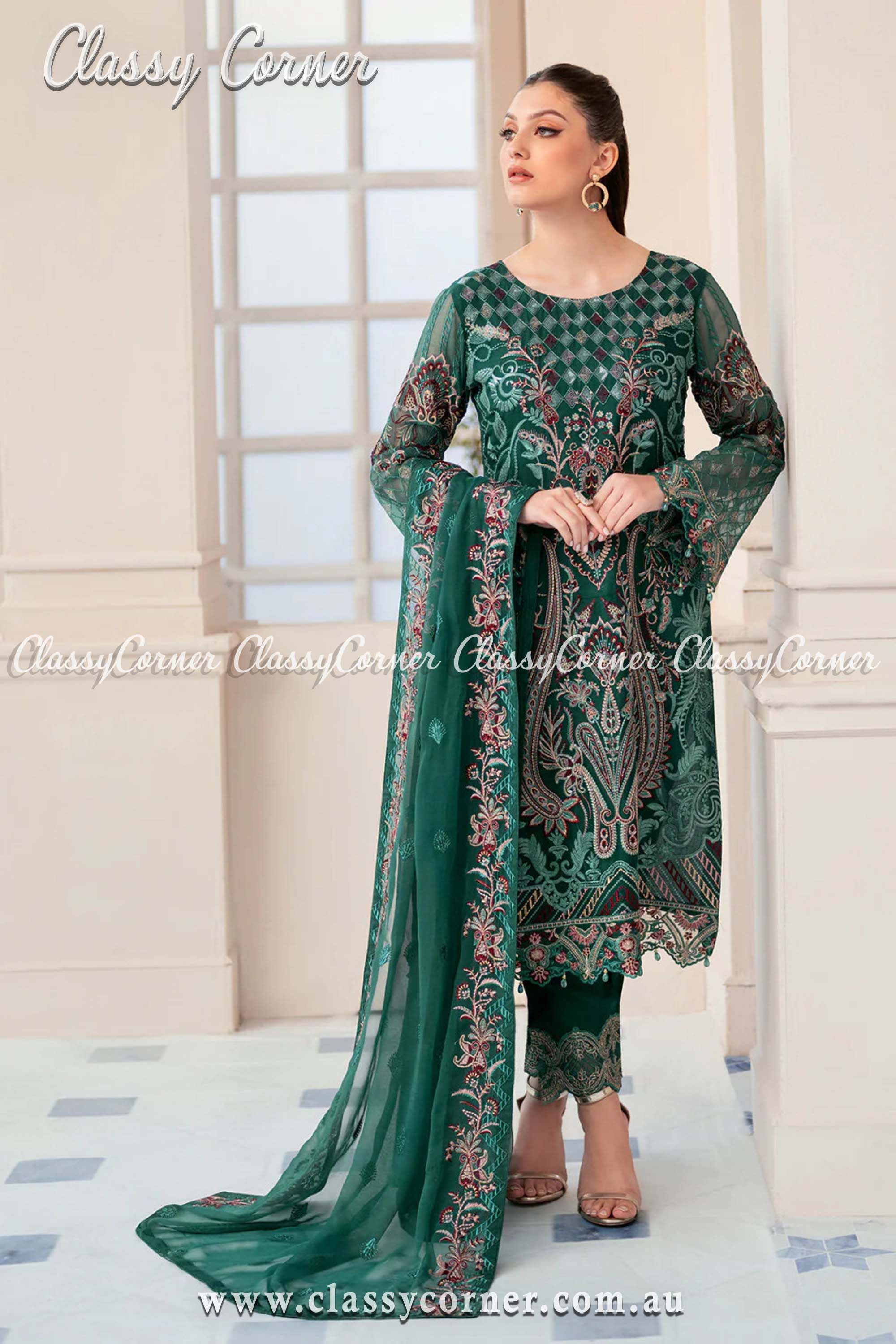 Emerald Green Pakistani Outfit - Classy Corner