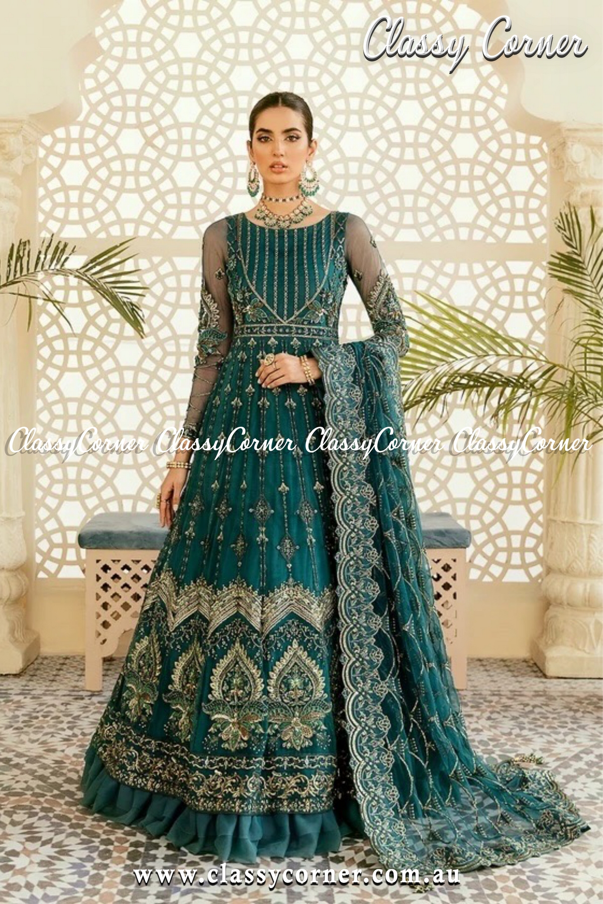 Teal Blue Pakistani Formal Party Gown - Classy Corner