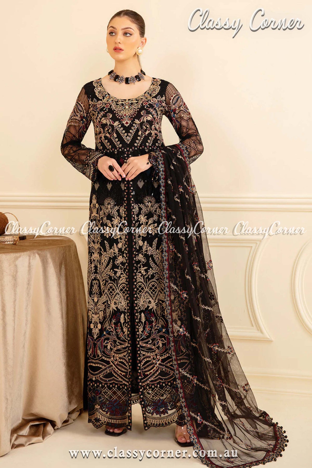 Elegant Black Net Embroidered Party Outfit - Classy Corner