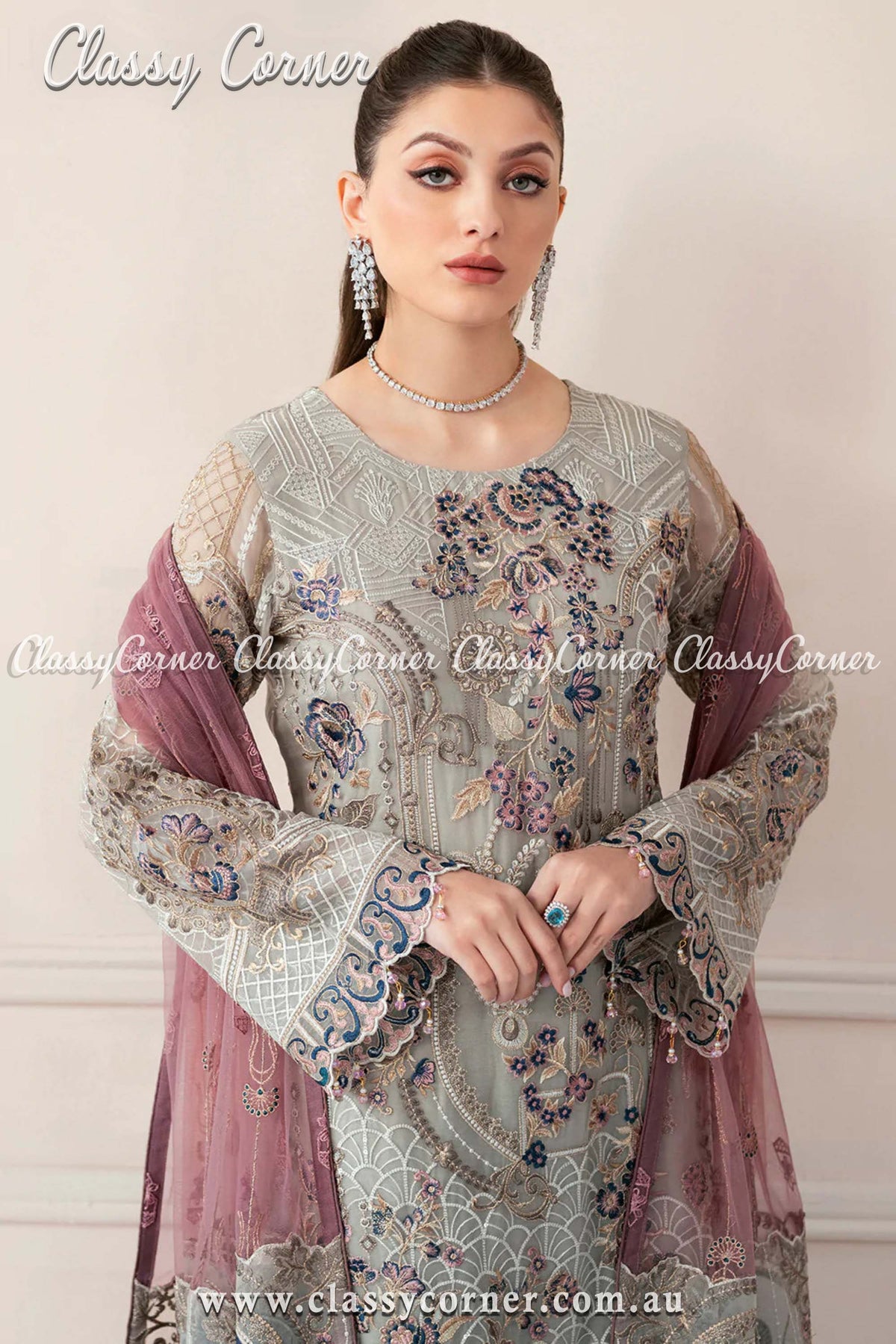 Pakistani Grey Embroidered Chiffon Outfit - Classy Corner