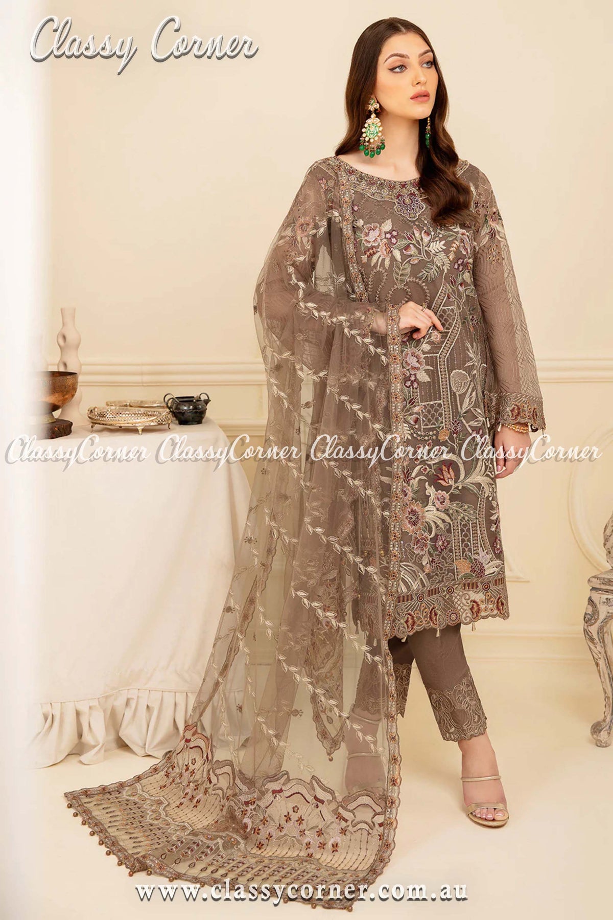 Dark Beige Embroidered Organza Party Outfit - Classy Corner