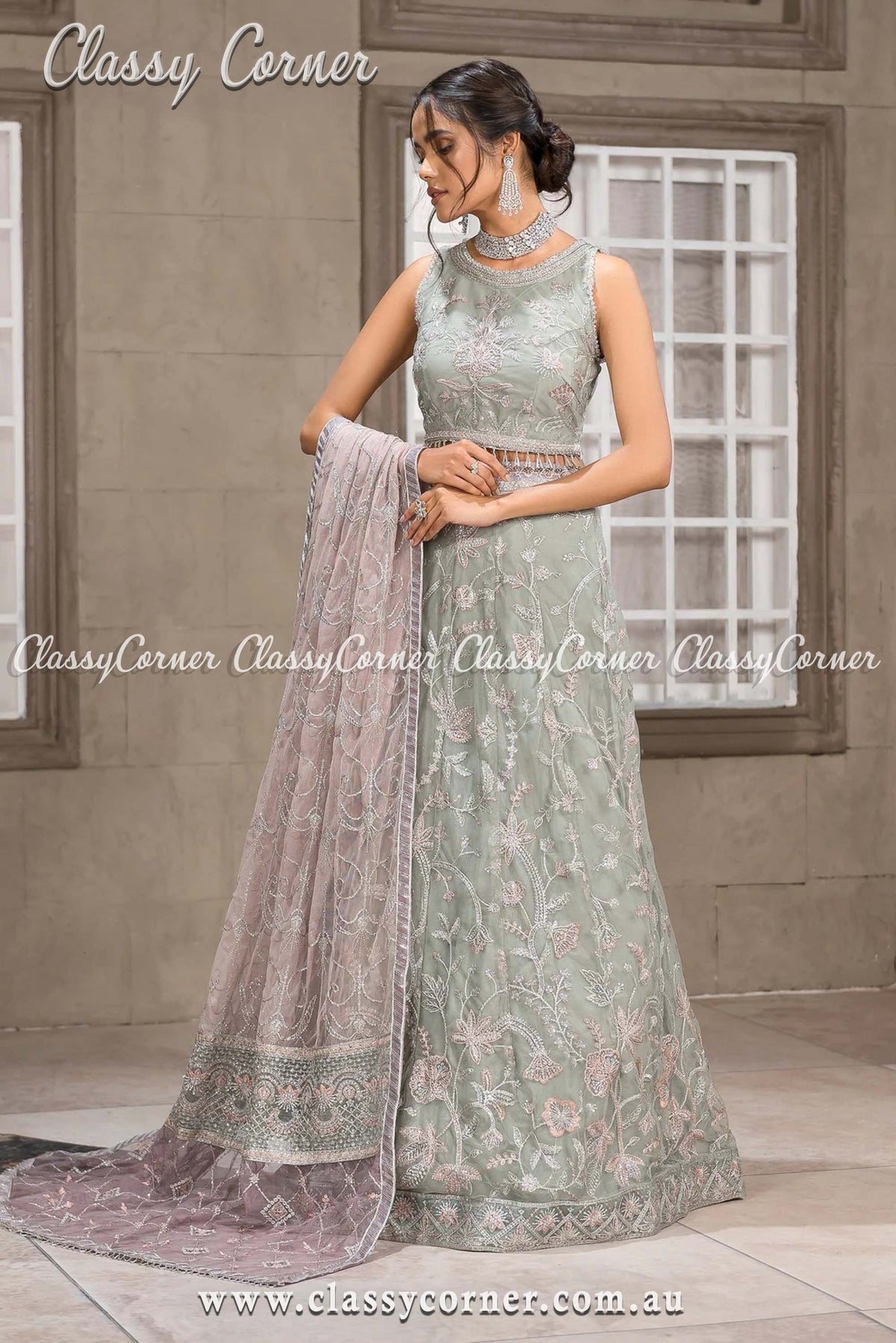 Grey Mauve Net Party Wear Maxi Gown - Classy Corner