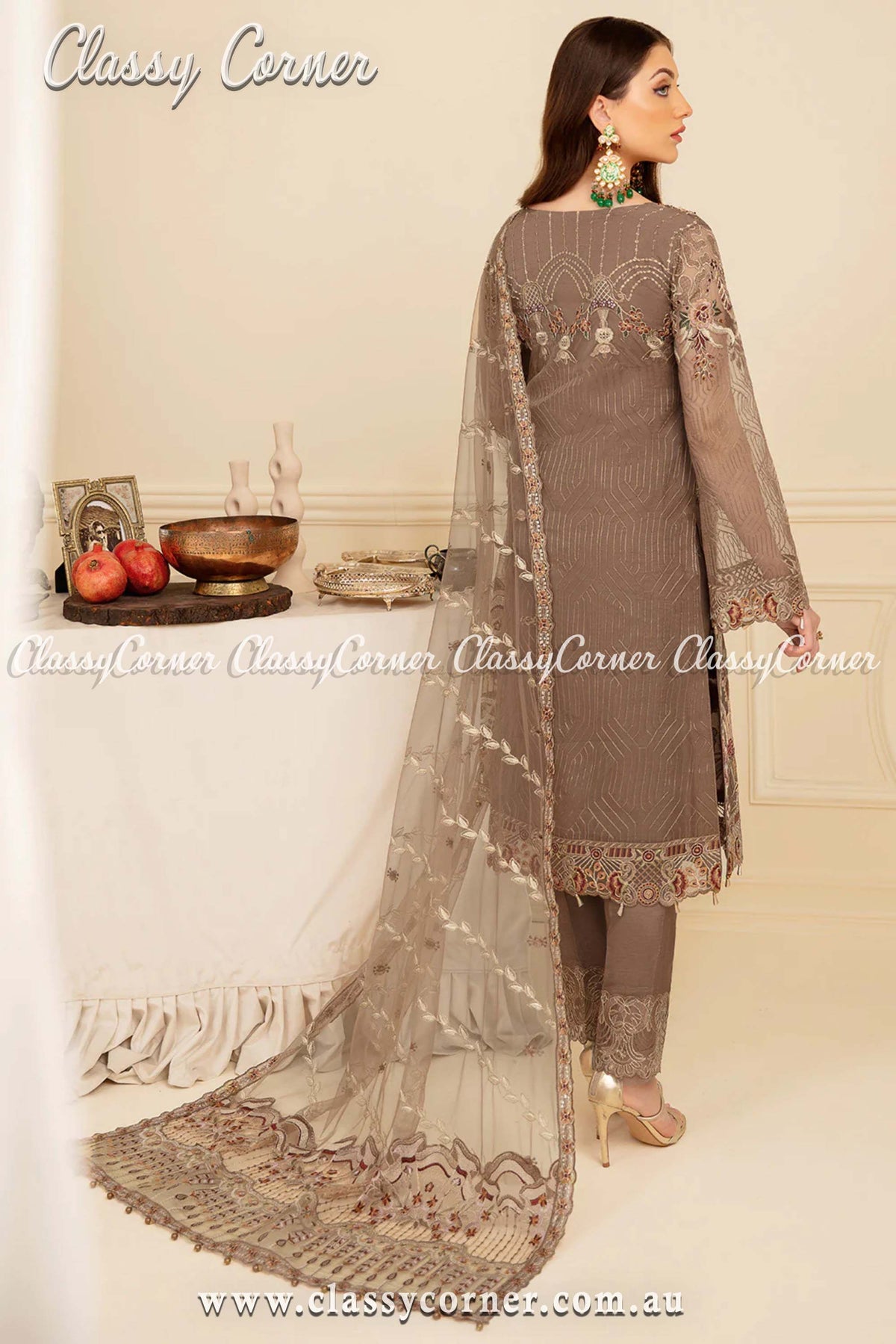 Dark Beige Embroidered Organza Party Outfit - Classy Corner