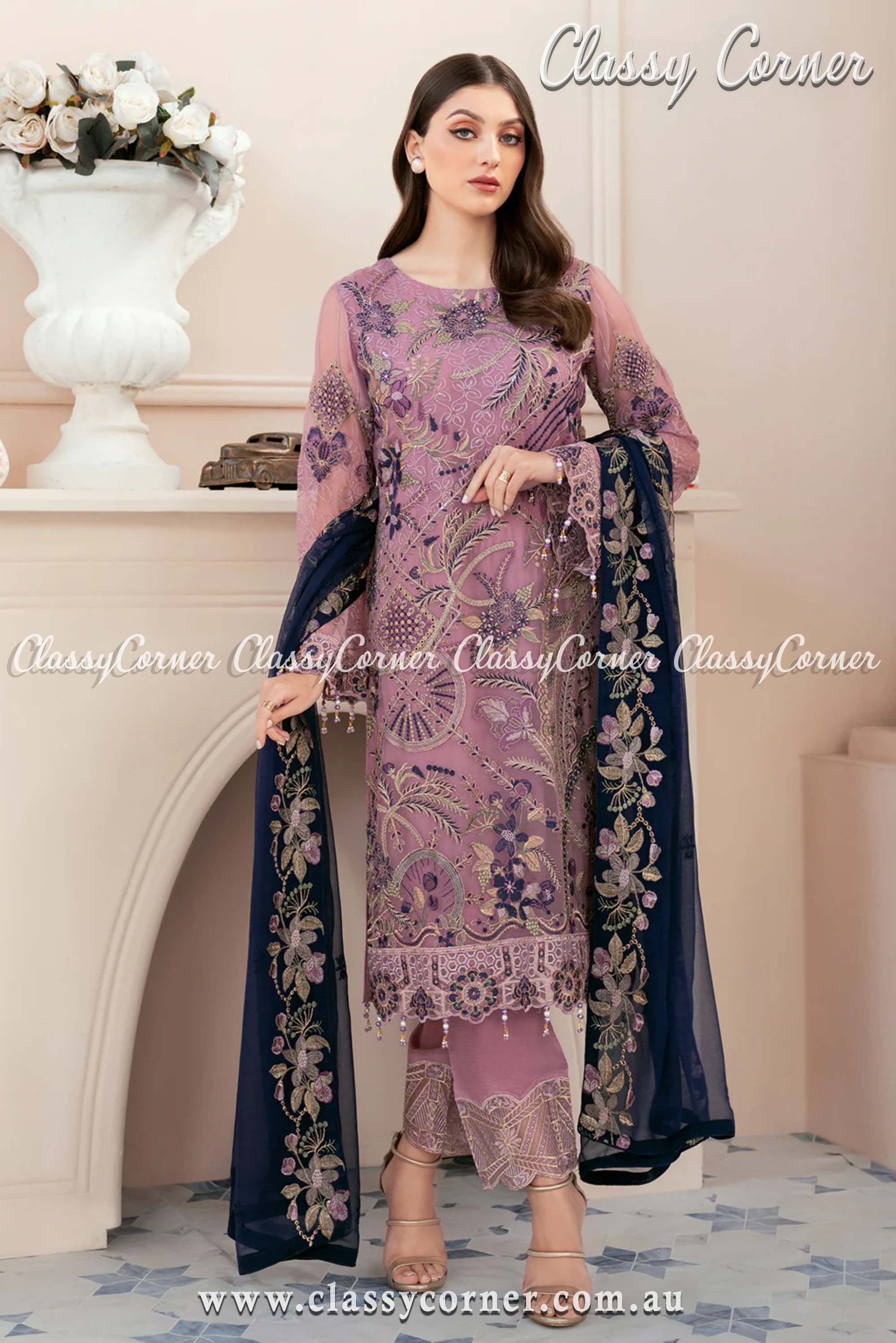 Purple & Dark Blue Pakistani Chiffon Dress - Classy Corner