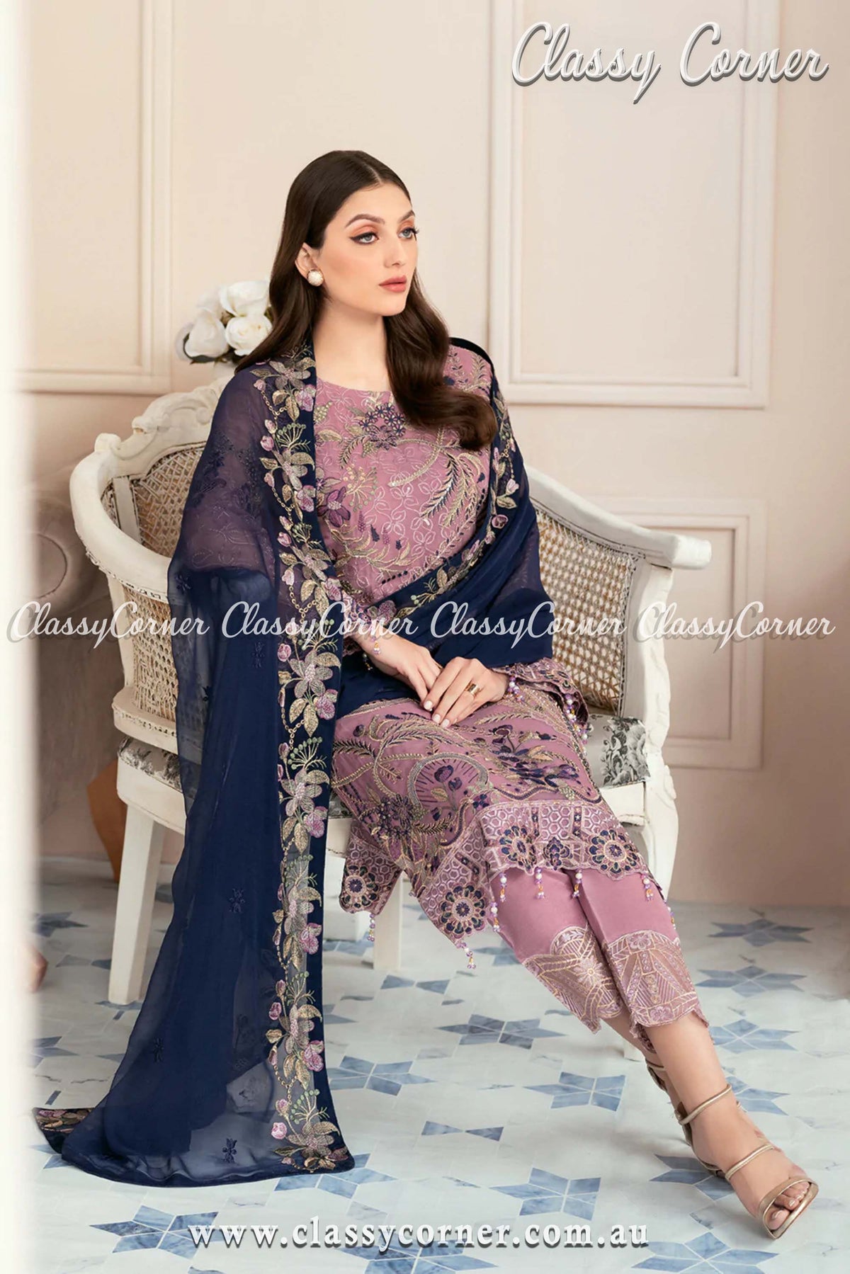 Purple &amp; Dark Blue Pakistani Chiffon Dress - Classy Corner