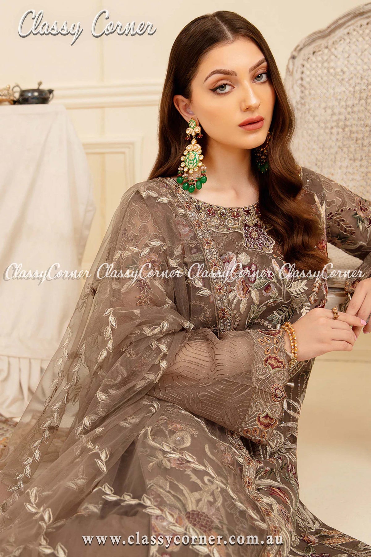 Dark Beige Embroidered Organza Party Outfit - Classy Corner