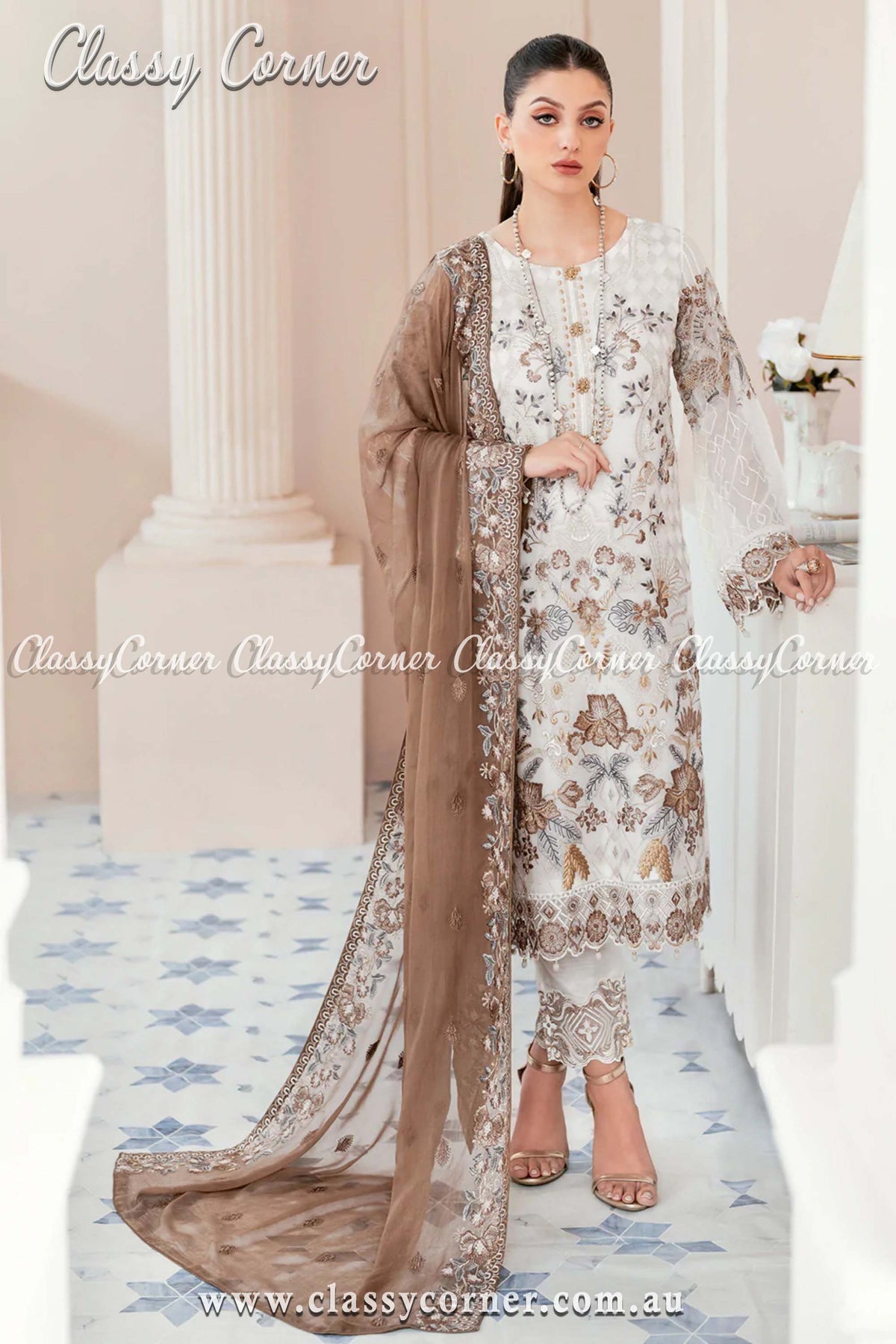 Cream &amp; Brown Pakistani Chiffon Embroidered Salwar Kameez - Classy Corner