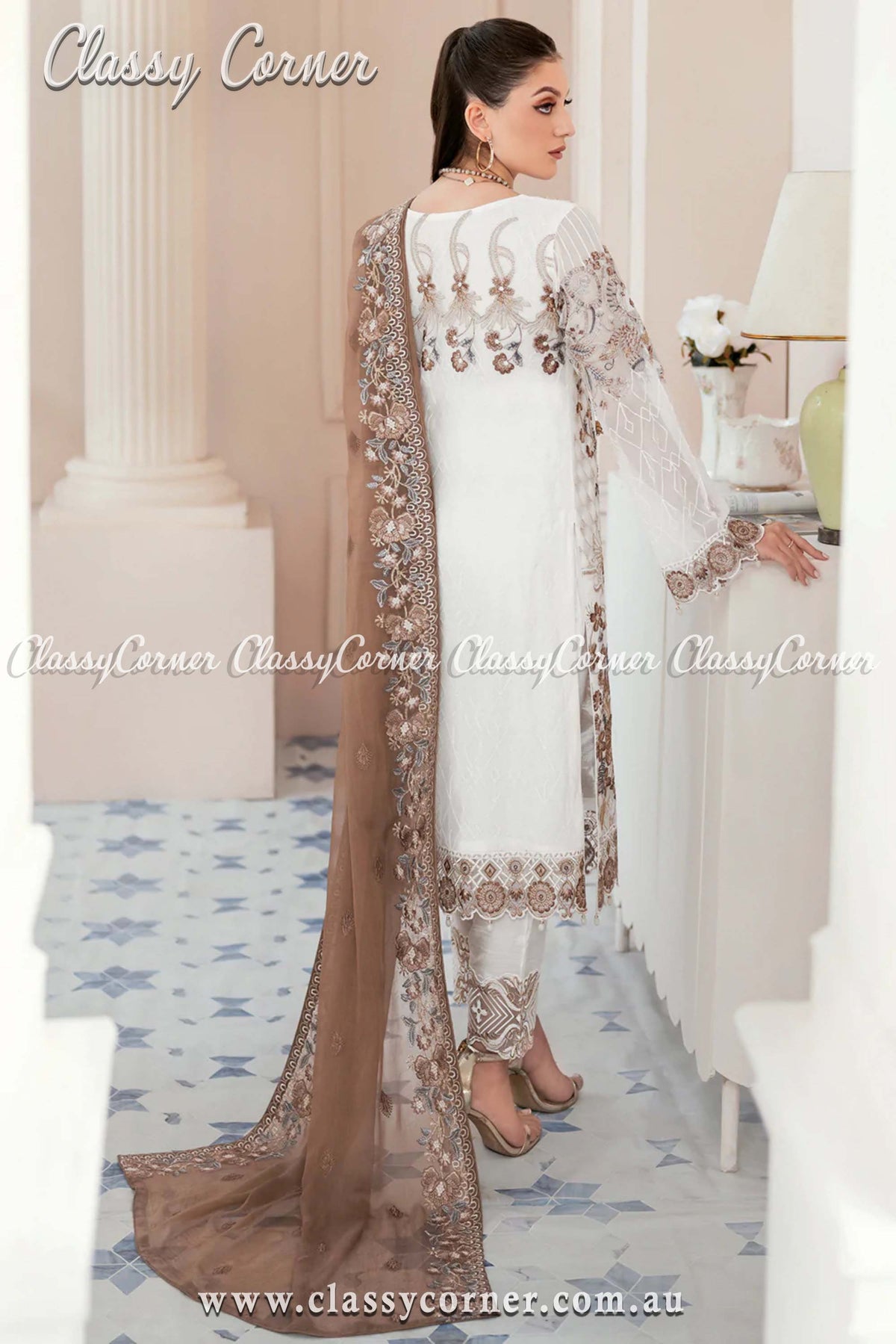 Cream &amp; Brown Pakistani Chiffon Embroidered Salwar Kameez - Classy Corner