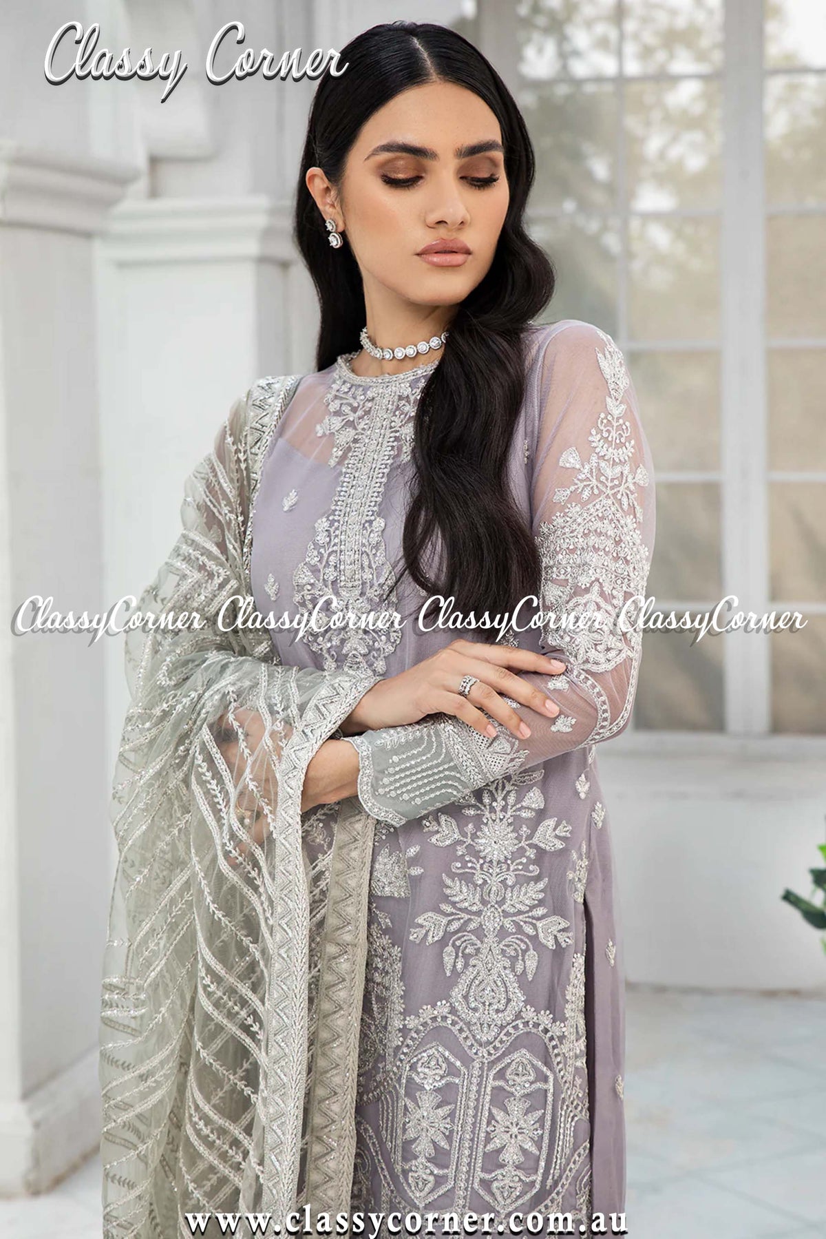 Silver Peri Winkle Embroidered Net Pakistani Gharara