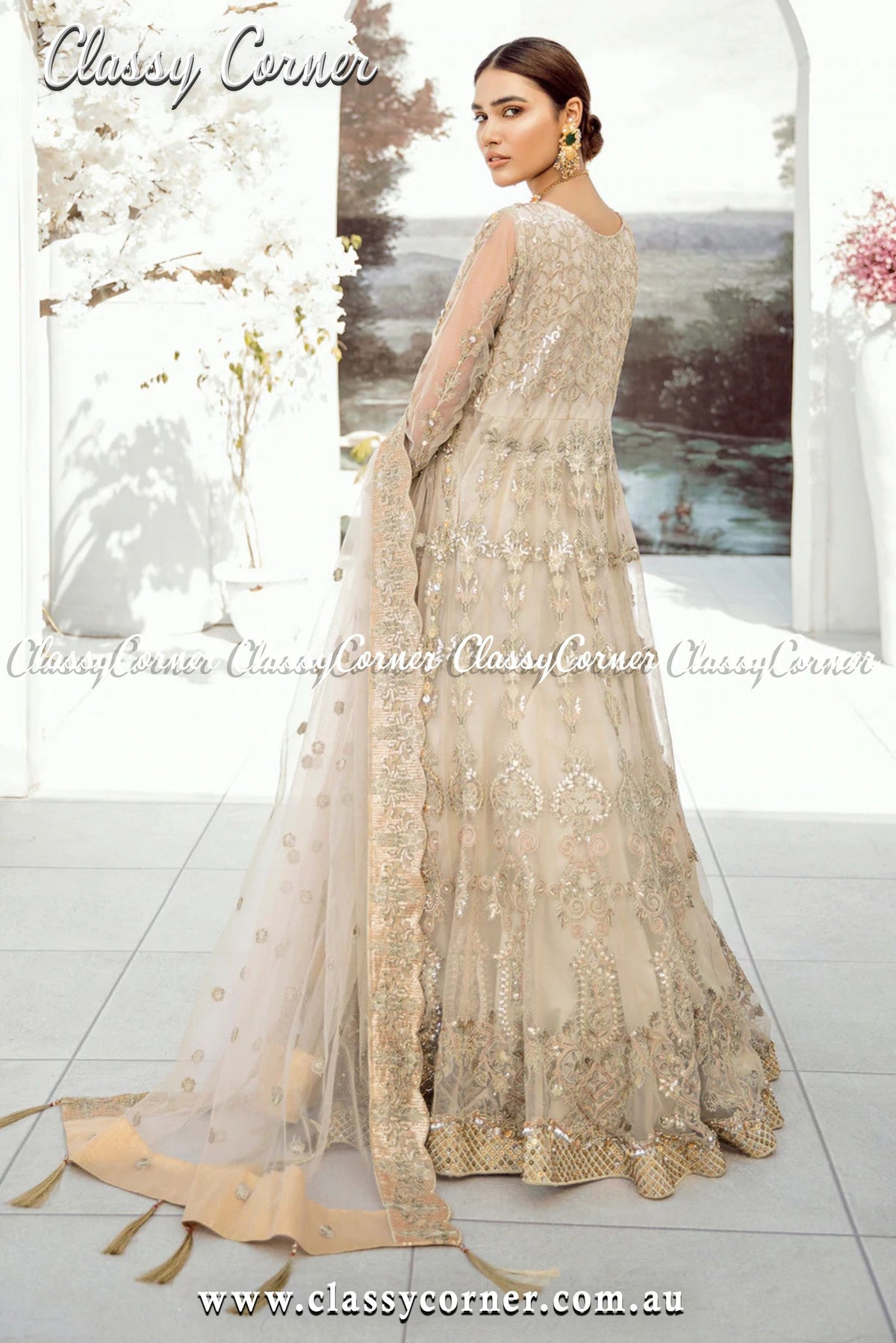 Beige Cream Pakistani Formal Party Gown - Classy Corner