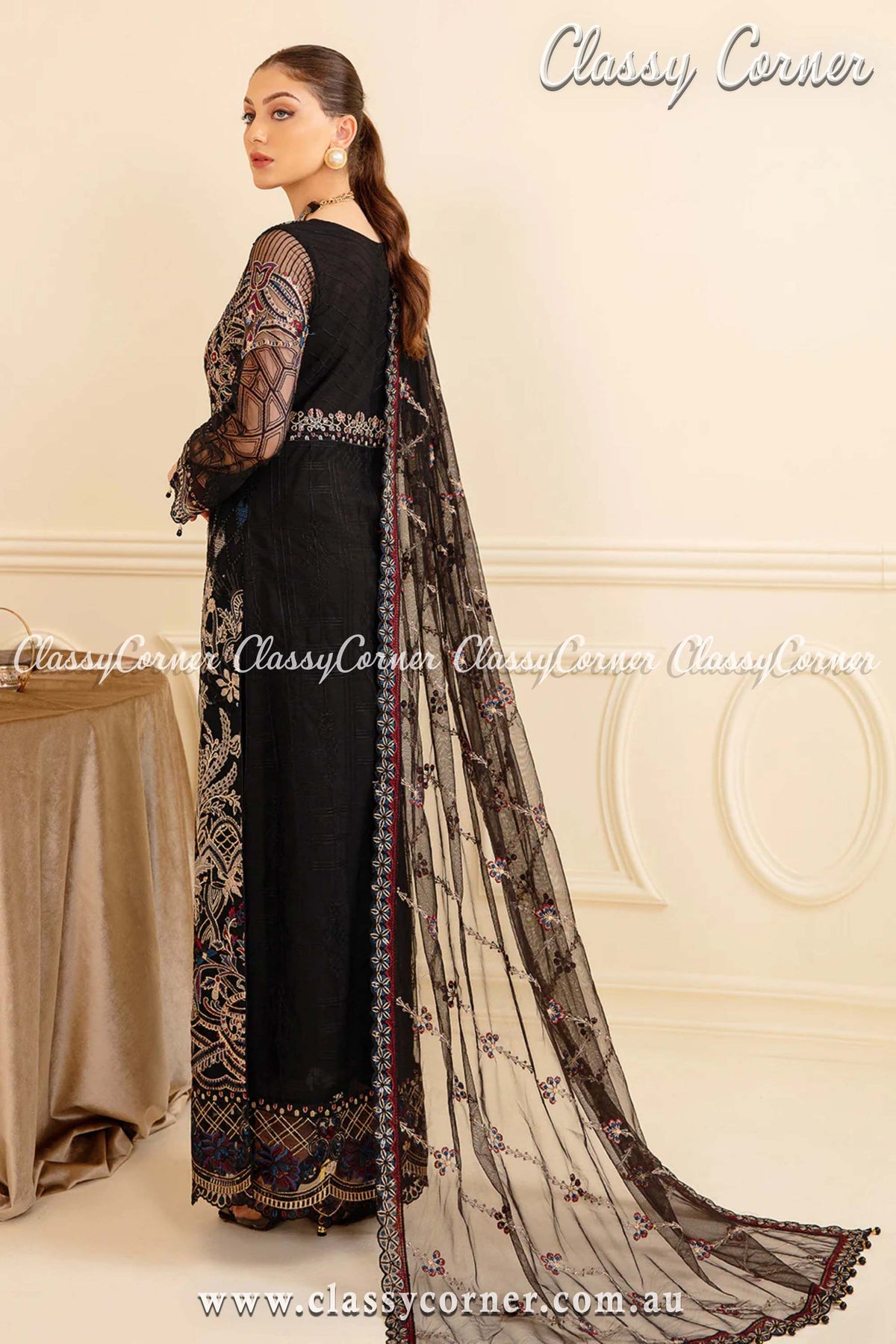 Elegant Black Net Embroidered Party Outfit - Classy Corner