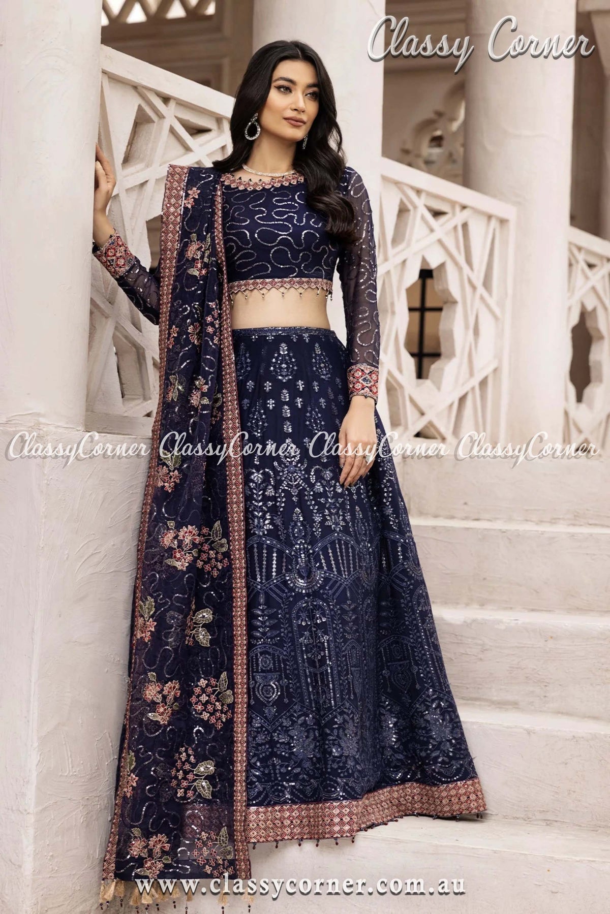 Elegant Navy Blue Chiffon Pakistani Outfit - Classy Corner