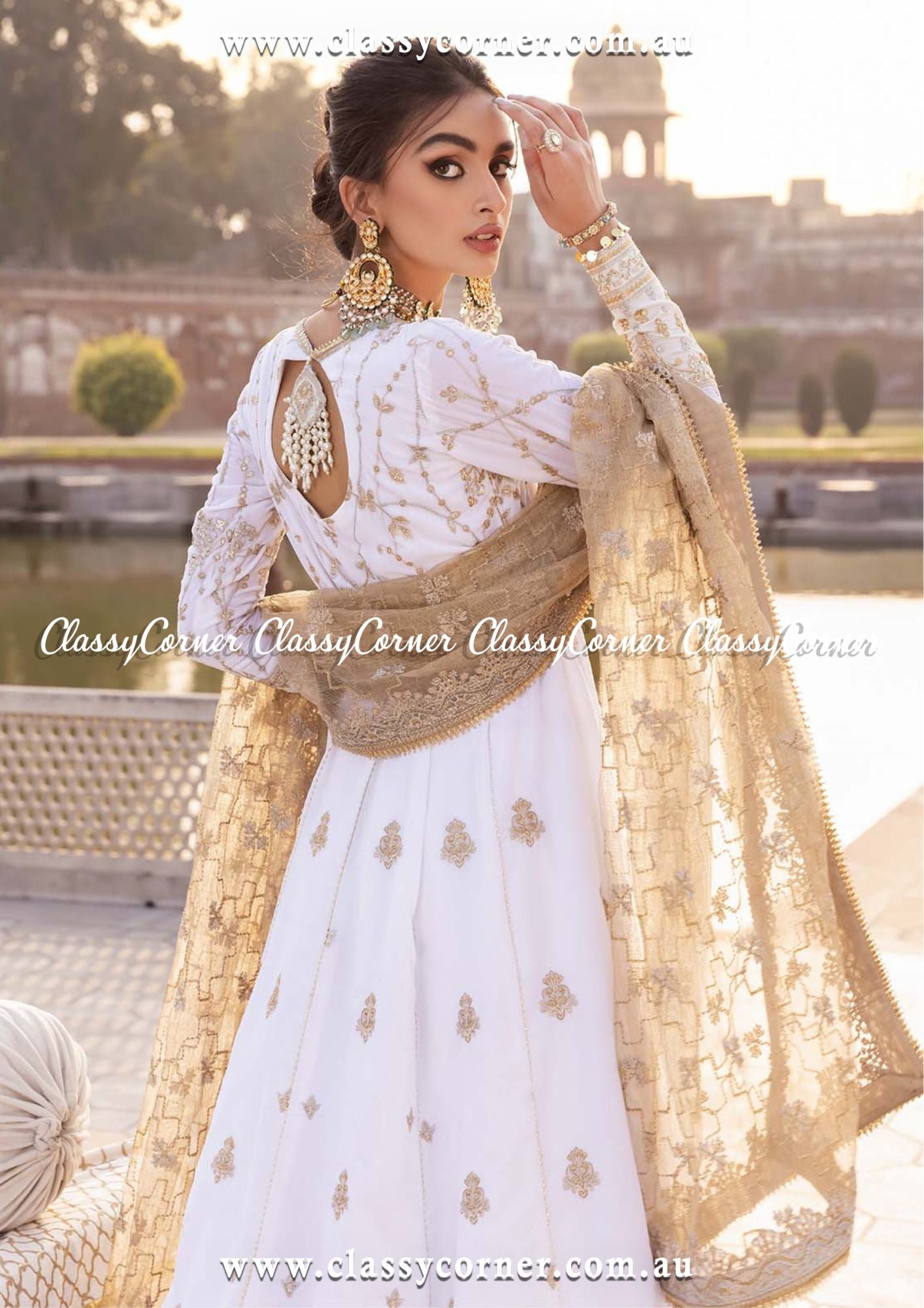 White and Gold Dress Pakistani in Classic Pishwas Style – Nameera by Farooq