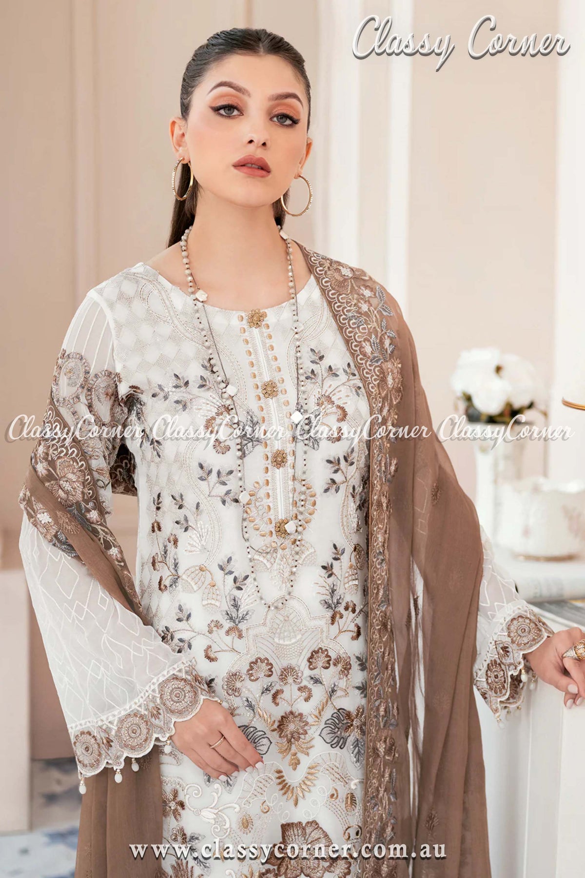 Cream &amp; Brown Pakistani Chiffon Embroidered Salwar Kameez - Classy Corner