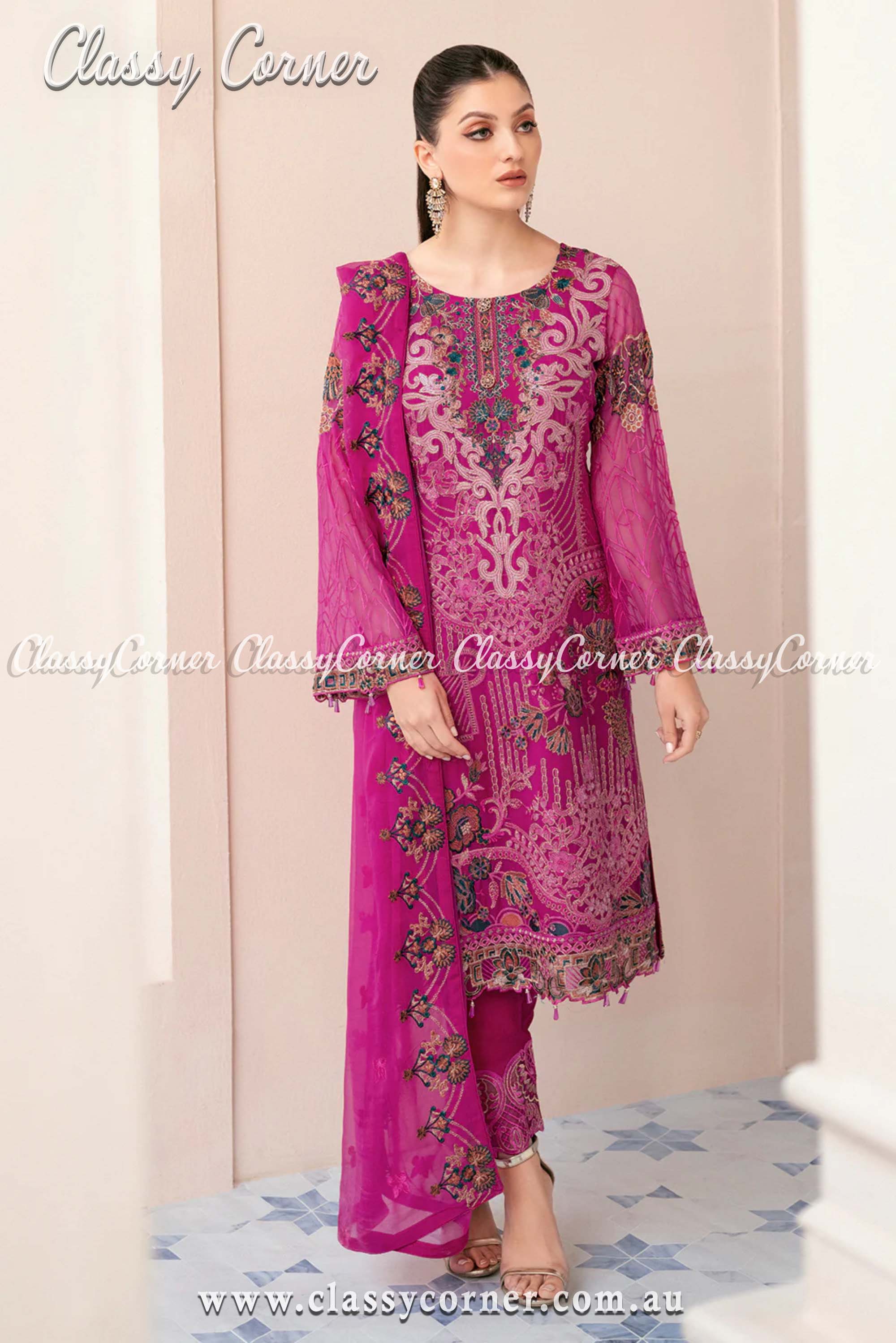 Elegant Magenta Chiffon Embroidered Party Dress - Classy Corner