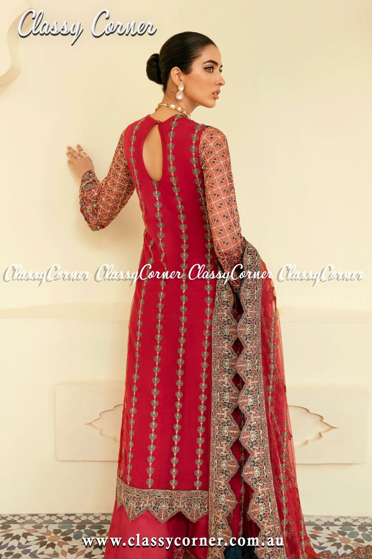 Red Golden Pakistani Formal Wear - Classy Corner