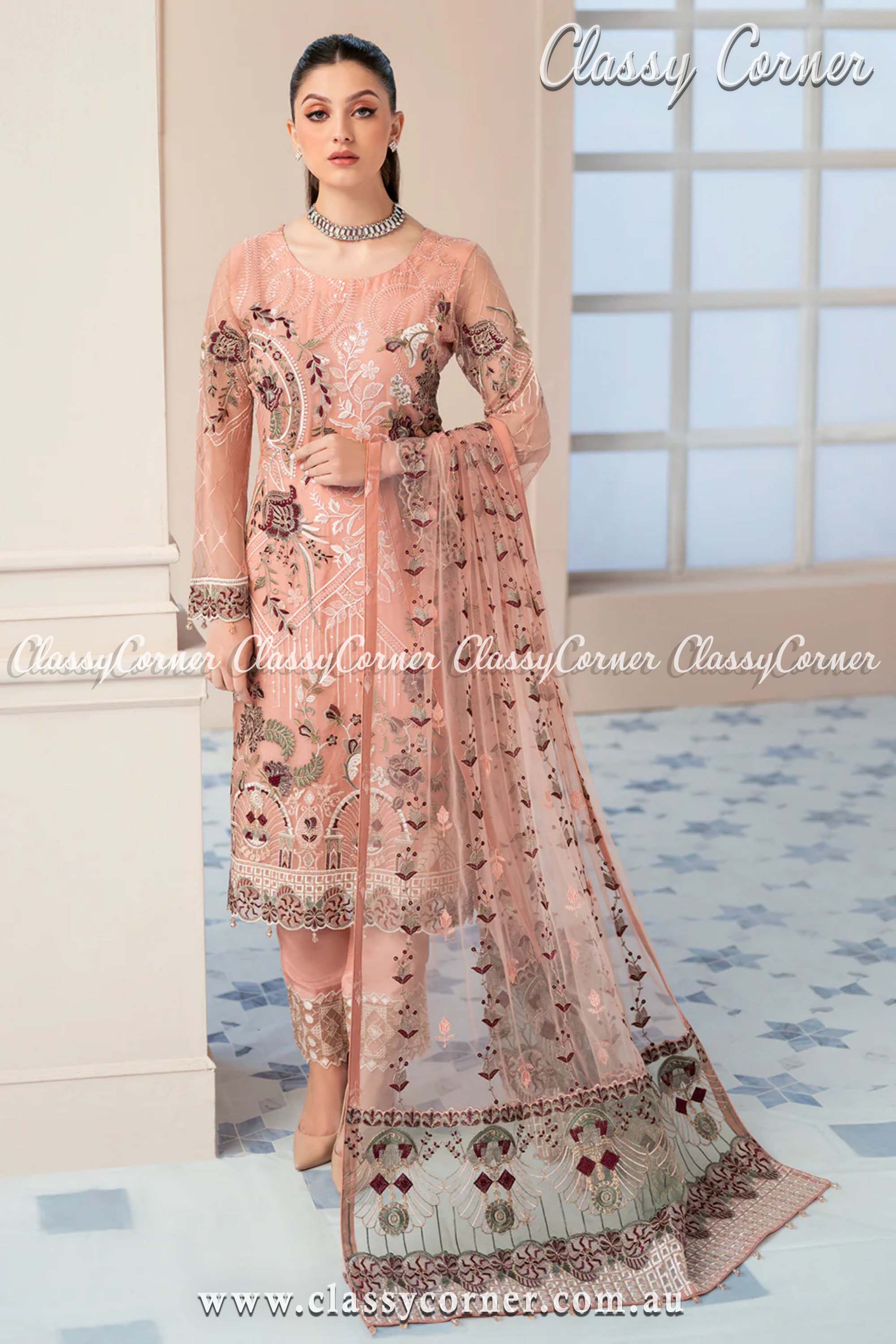 Peach Chiffon Embroidered Pakistani Salwar Kameez - Classy Corner