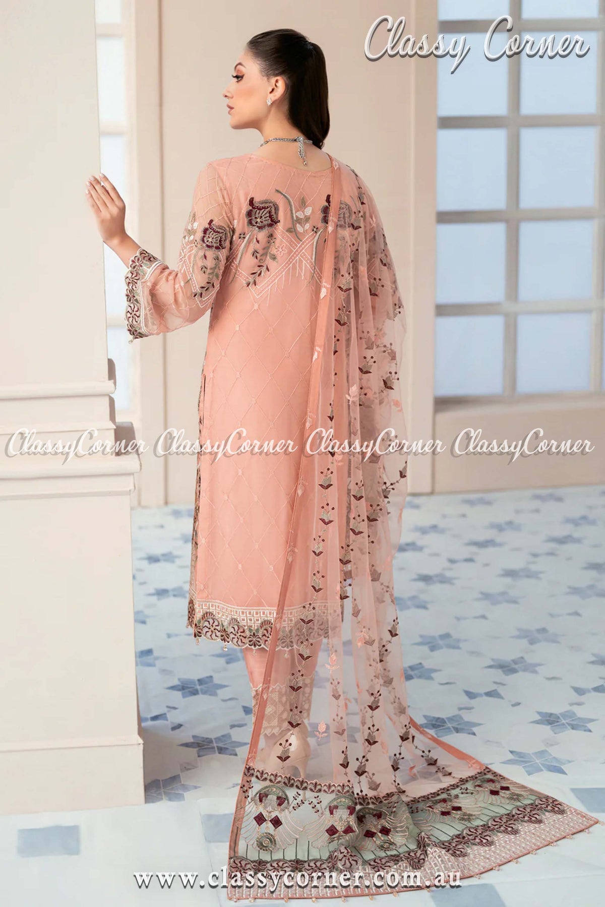 Peach Chiffon Embroidered Pakistani Salwar Kameez - Classy Corner