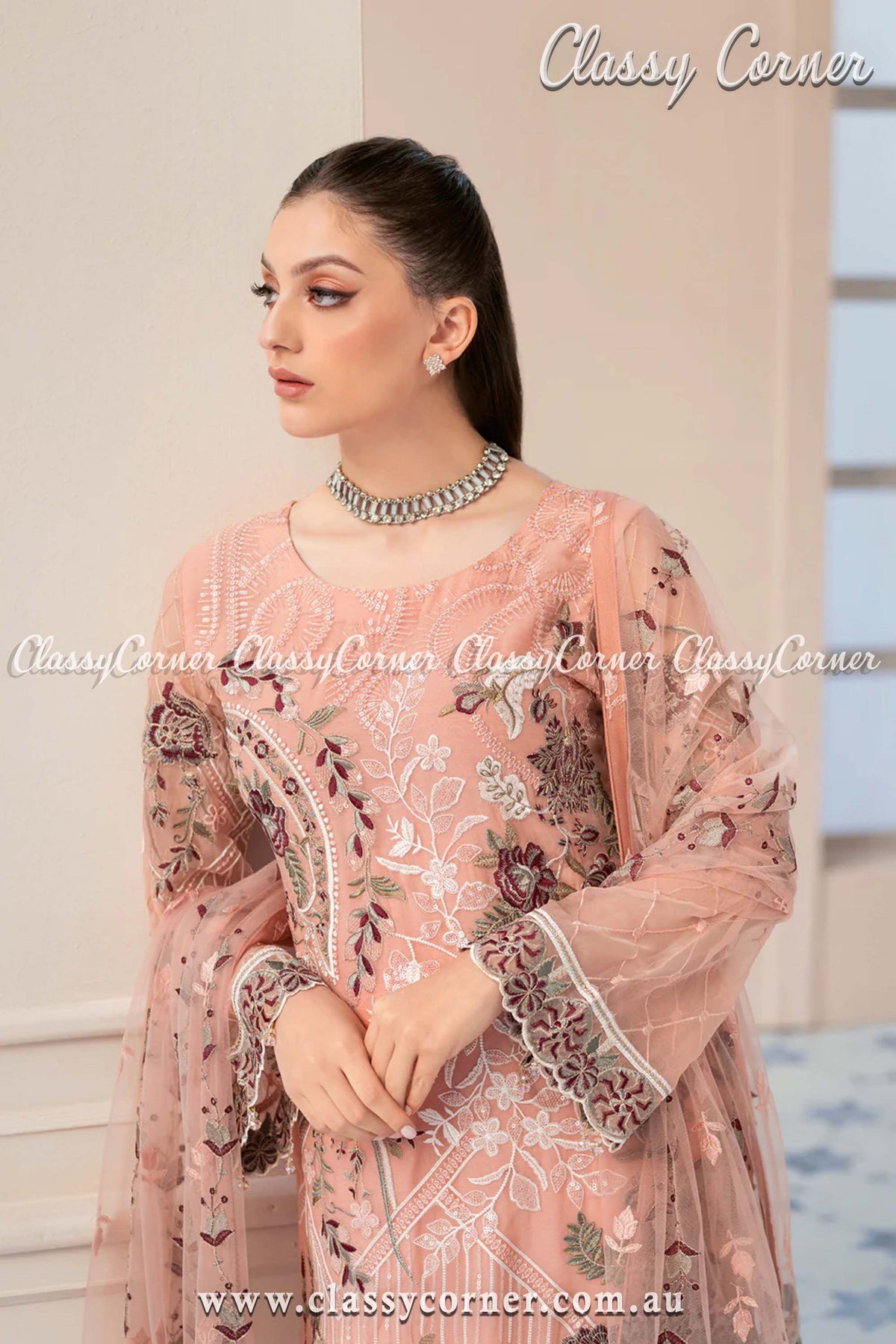 Peach Chiffon Embroidered Pakistani Salwar Kameez - Classy Corner