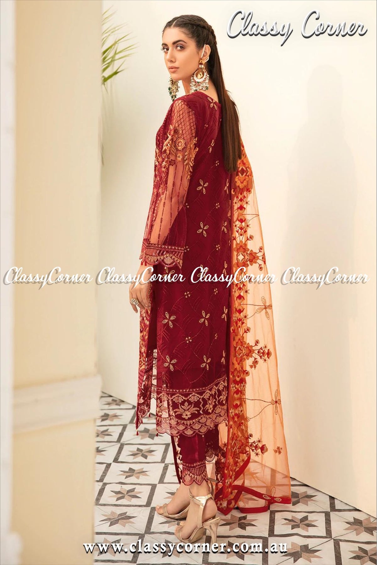 Burgundy Orange Net Pakistani 3pc Suit - Classy Corner