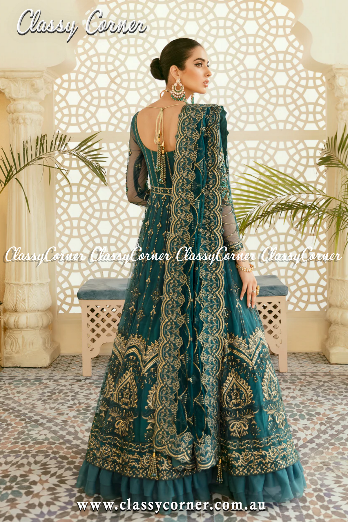 Teal Blue Pakistani Formal Party Gown - Classy Corner