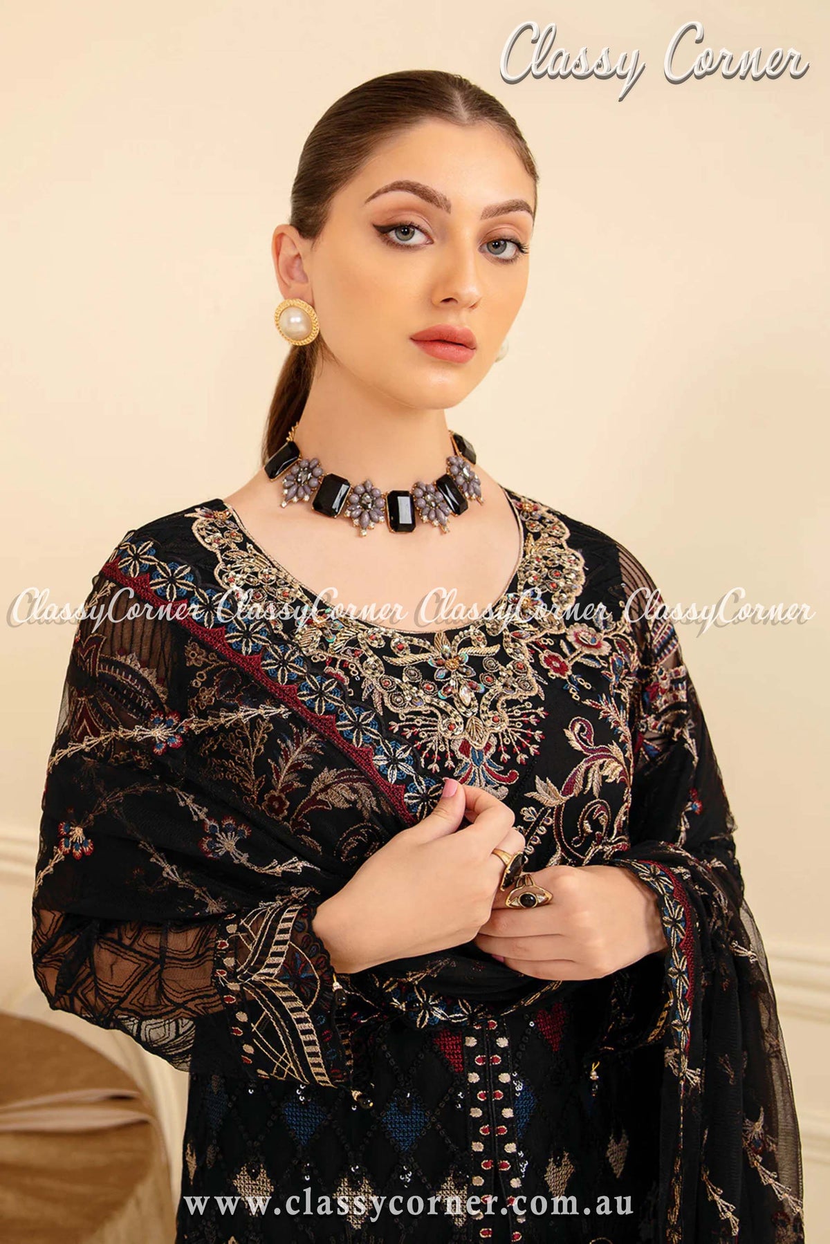 Elegant Black Net Embroidered Party Outfit - Classy Corner