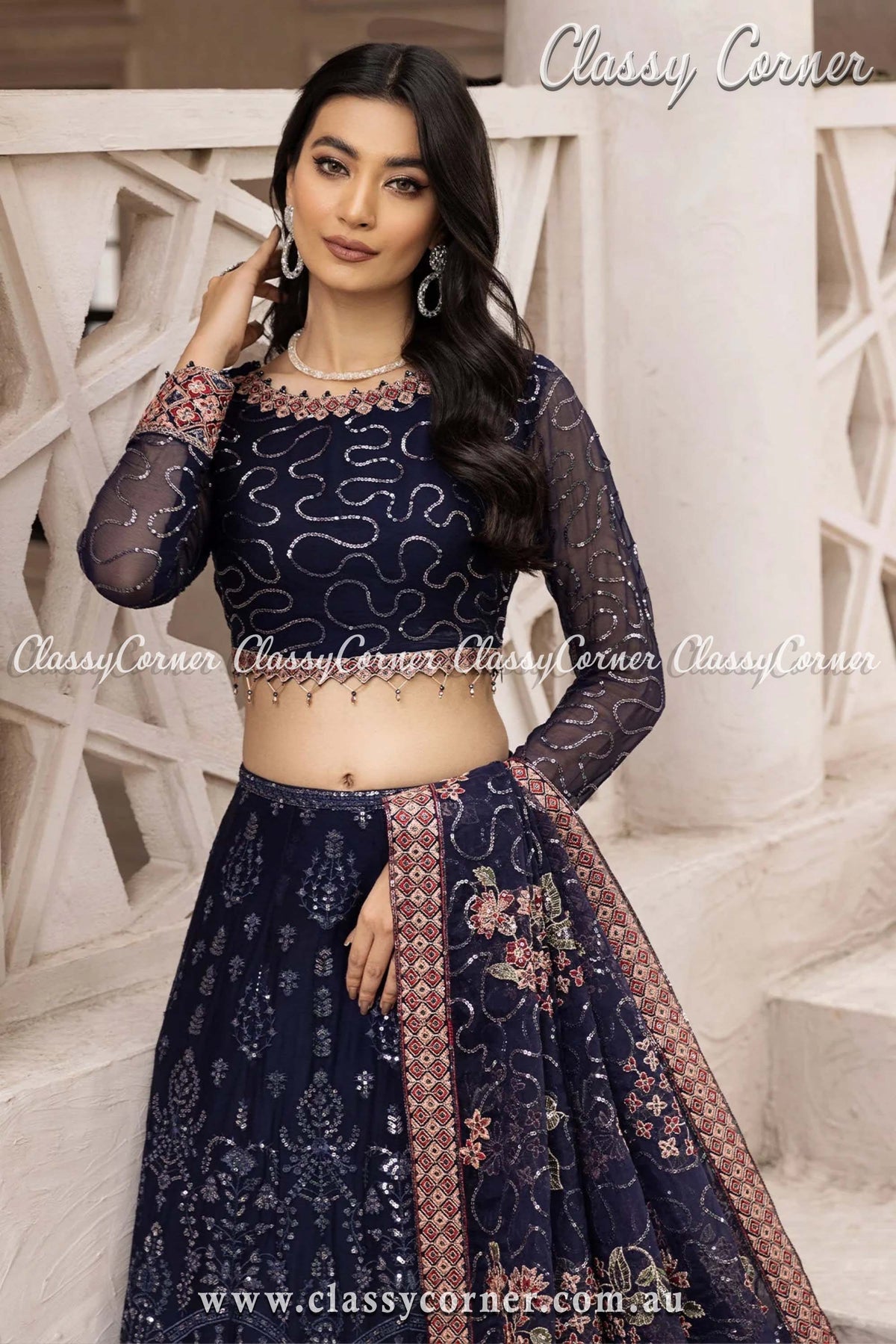 Elegant Navy Blue Chiffon Pakistani Outfit - Classy Corner