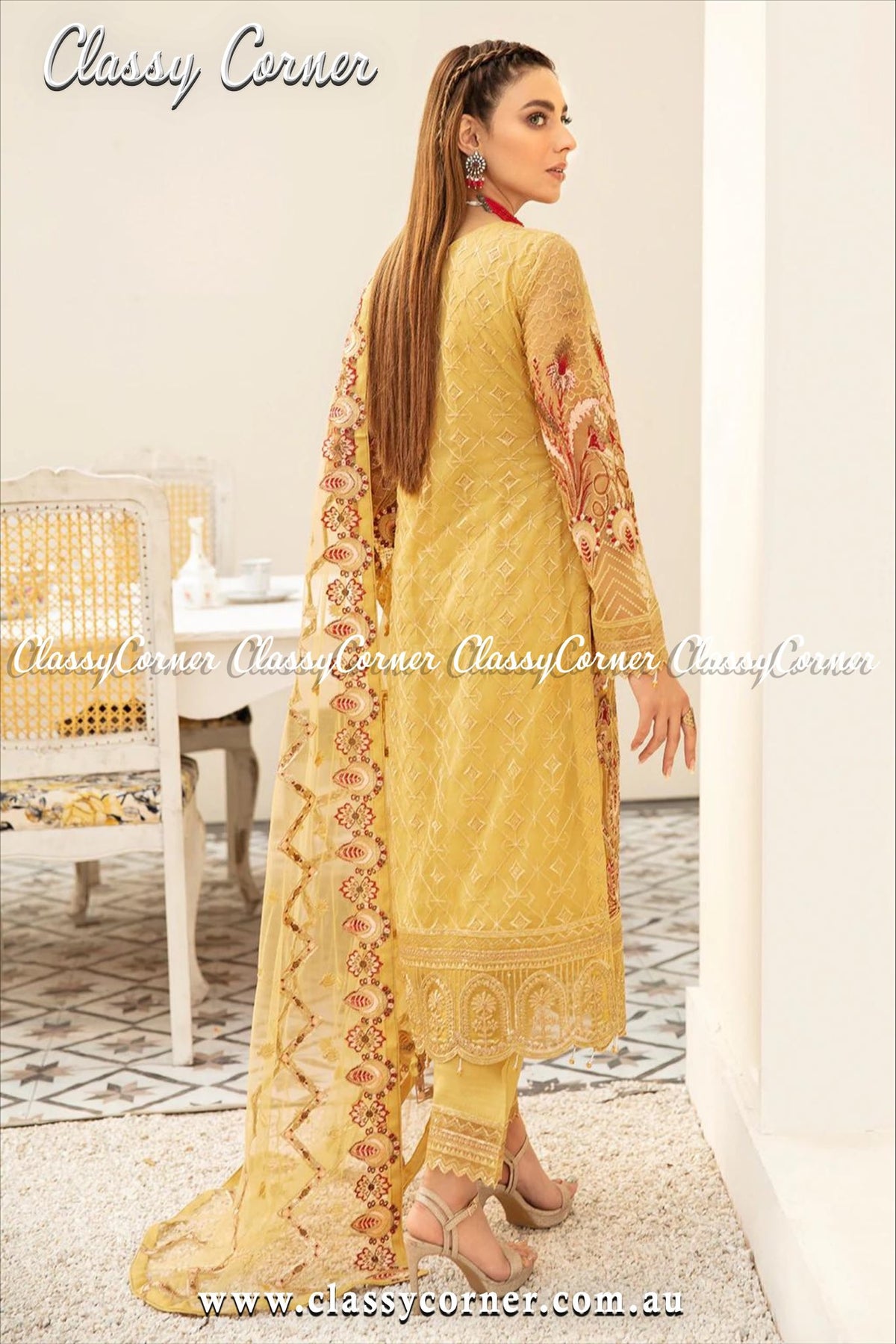 Butter Yellow Net Pakistani 3pc Suit - Classy Corner