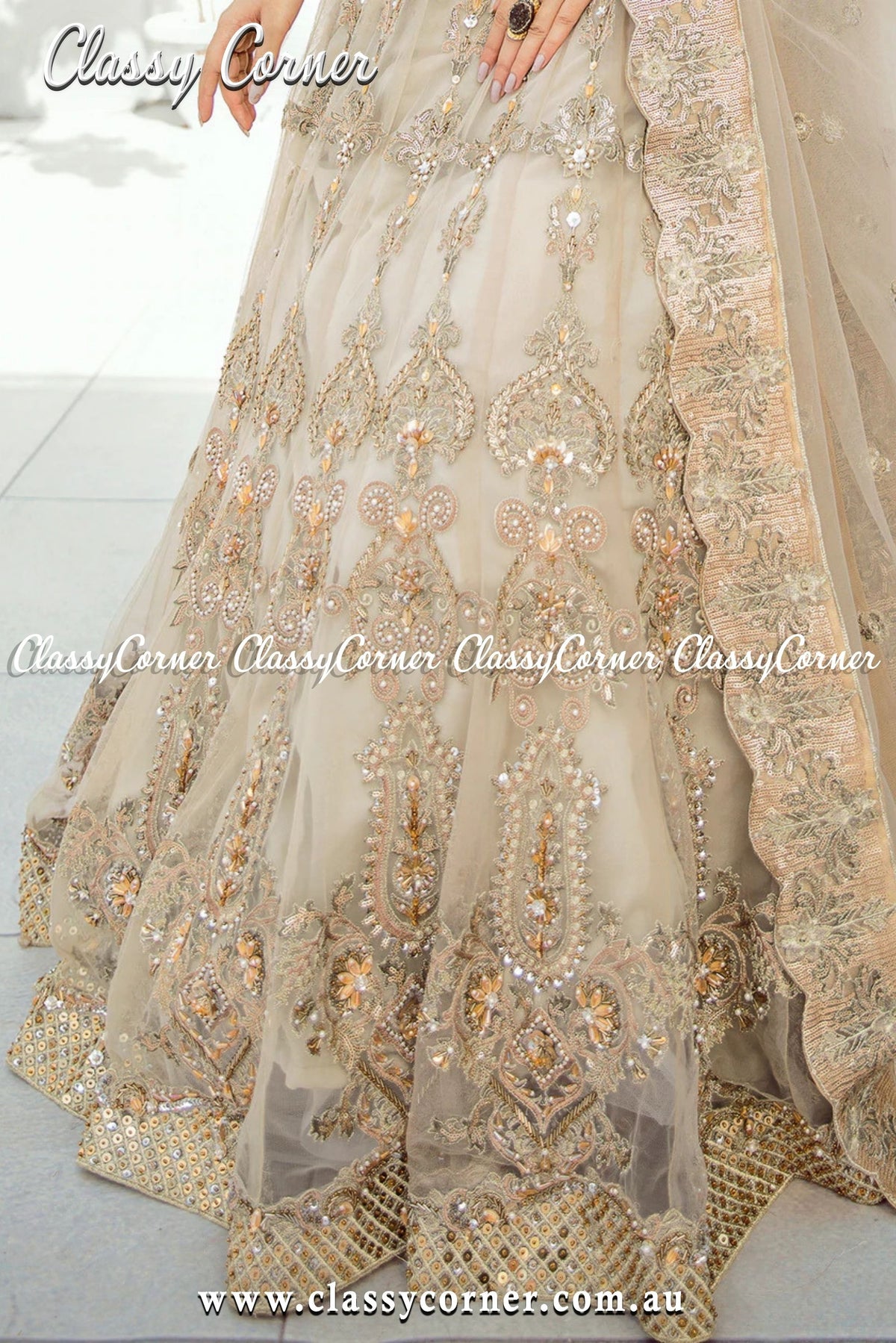 Beige Cream Pakistani Formal Party Gown - Classy Corner