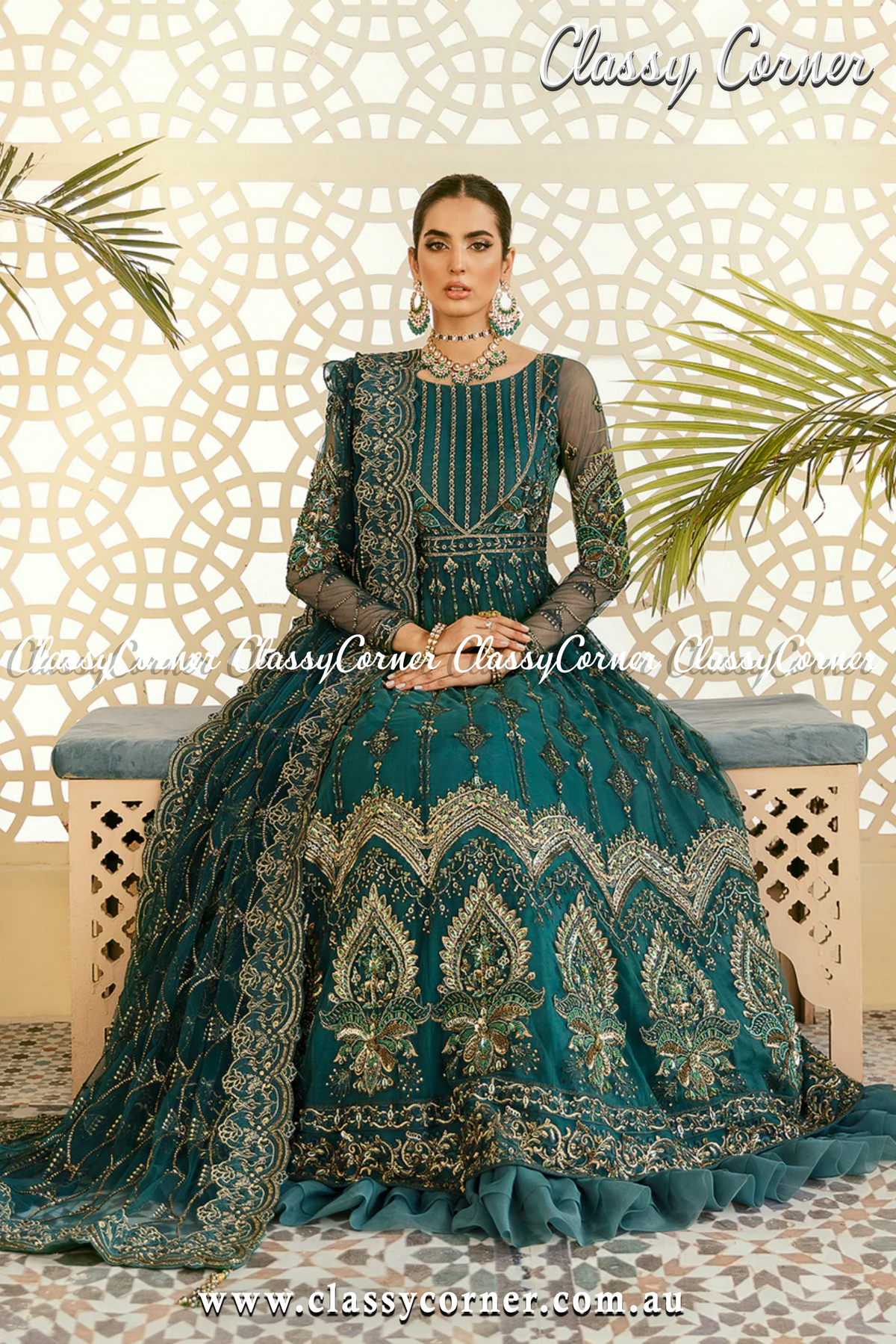 Teal Blue Pakistani Formal Party Gown - Classy Corner