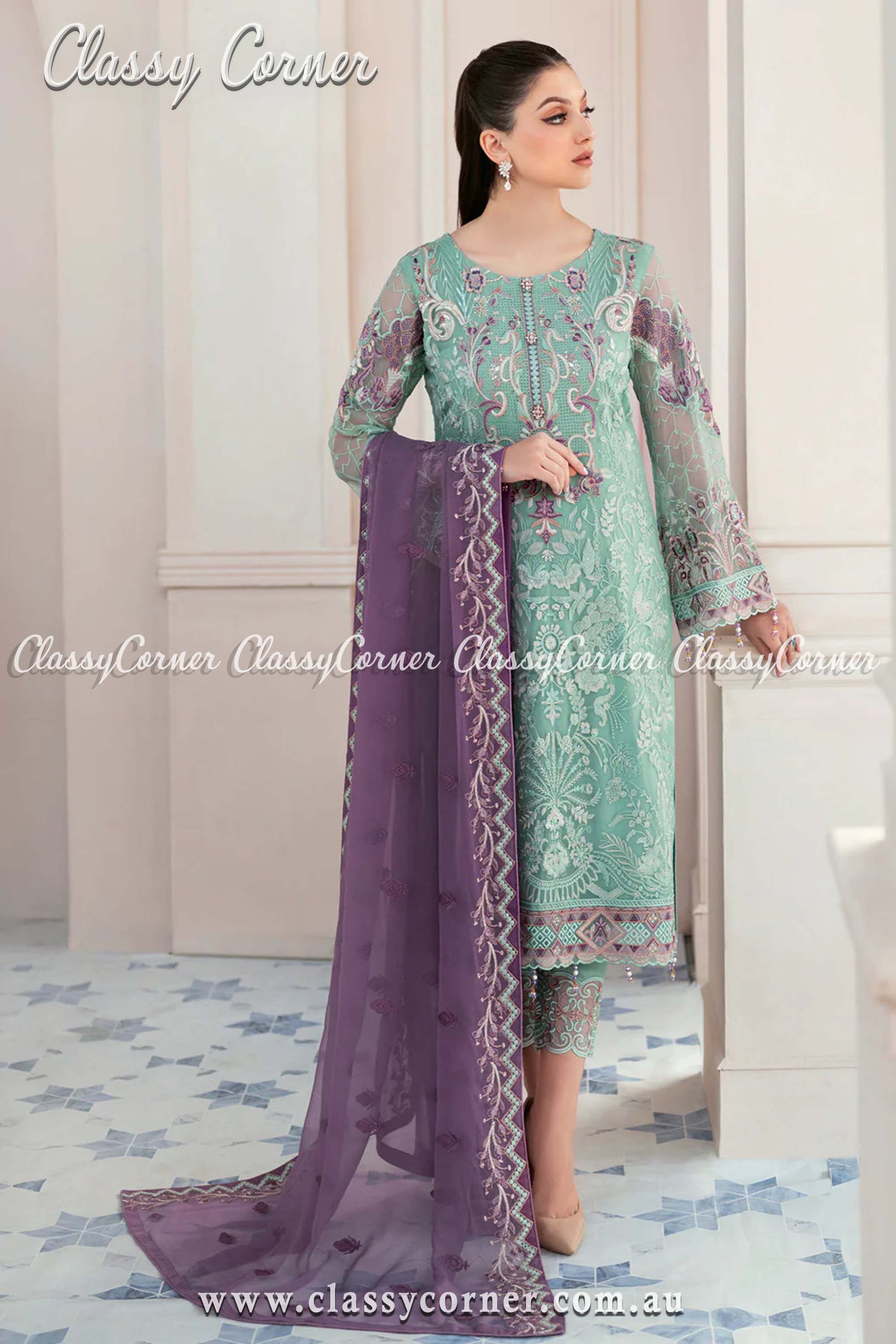 Cyan Blue & Purple Embroidered Pakistani Outfit - Classy Corner