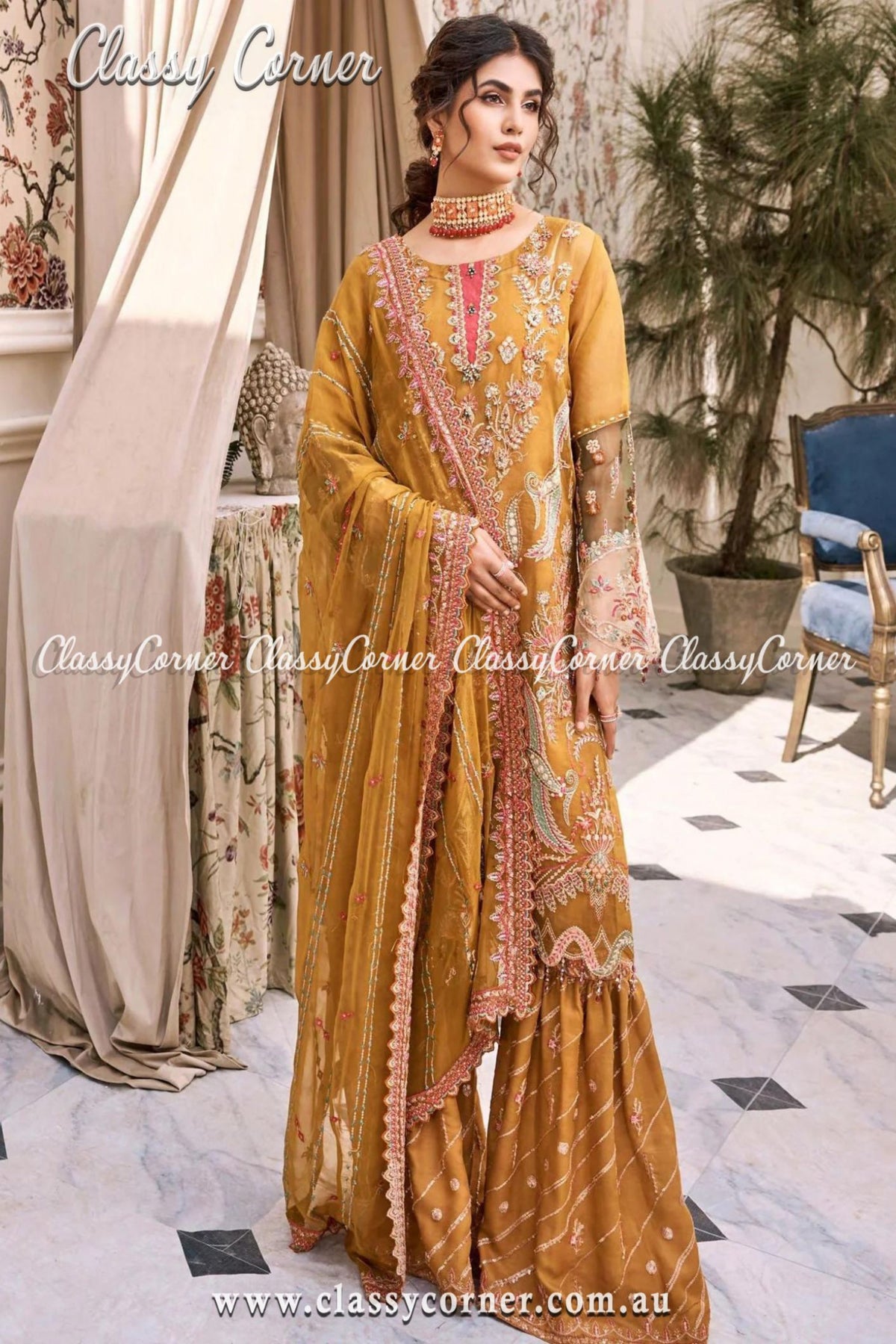 Pakistani Mustard Yellow Gharara Outfit