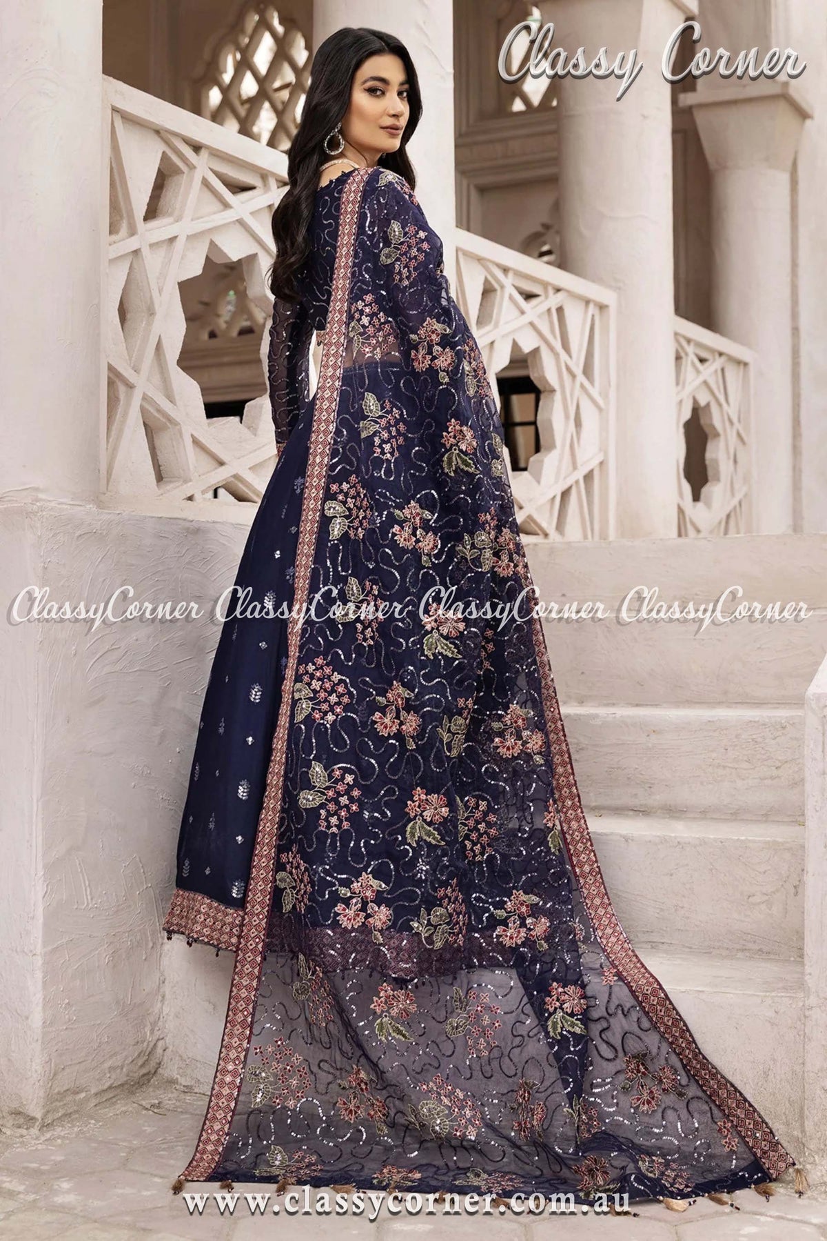 Elegant Navy Blue Chiffon Pakistani Outfit - Classy Corner