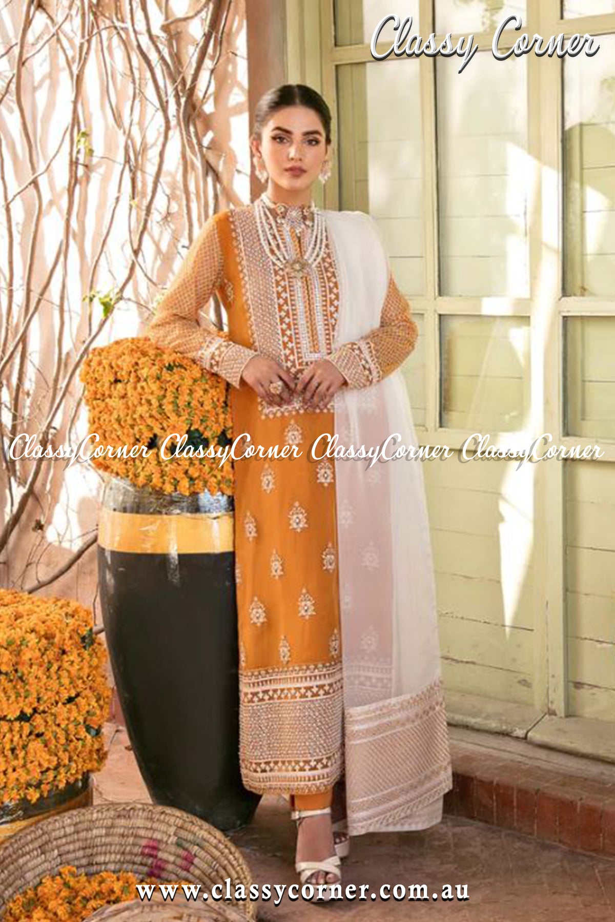 Yellow White Organza Pakistani Outfit - Classy Corner